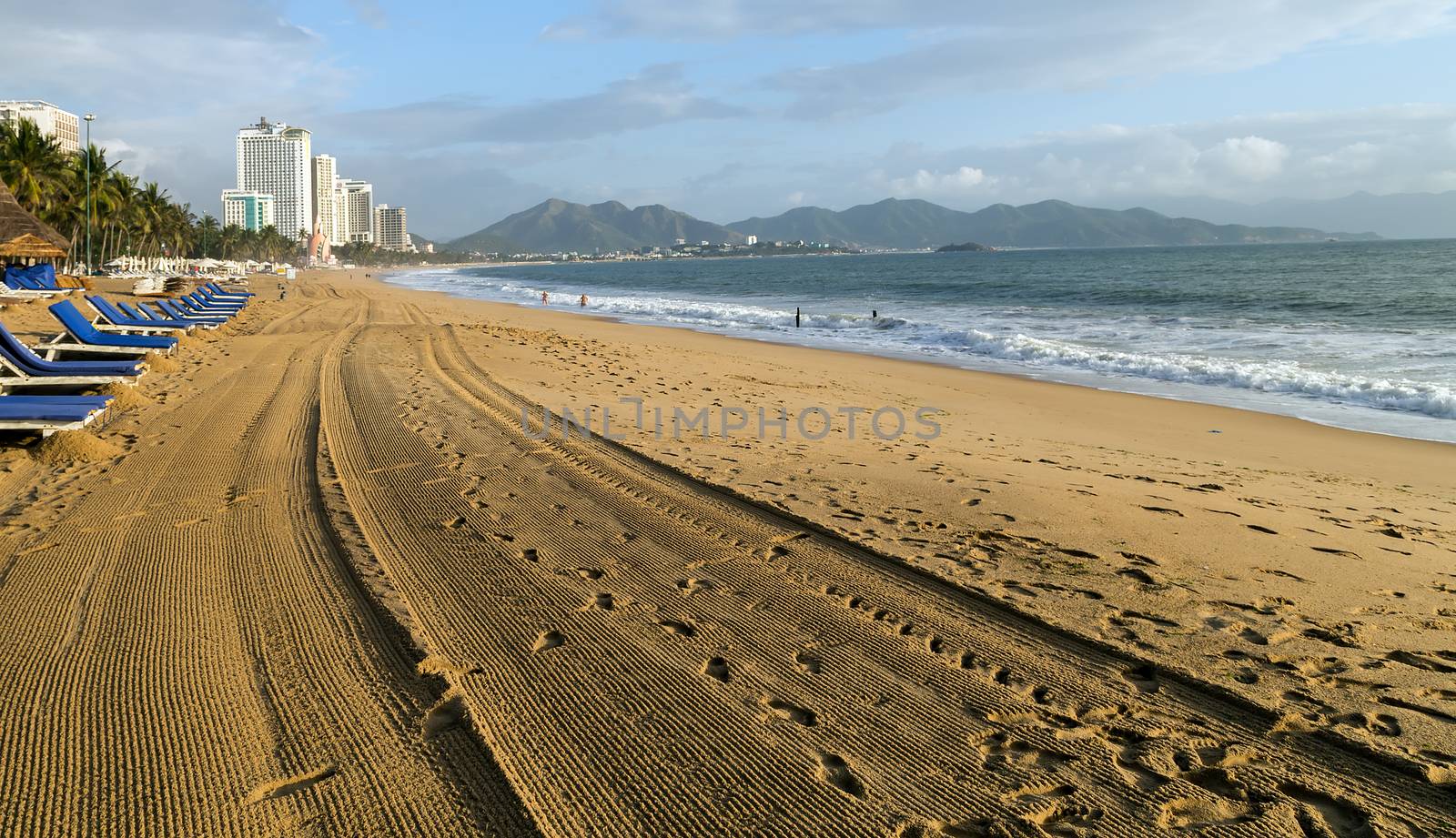 Morning City Sand Beach resort district Nha Trang Bay of the South China Sea in Khanh Hoa province, Vietnam.
