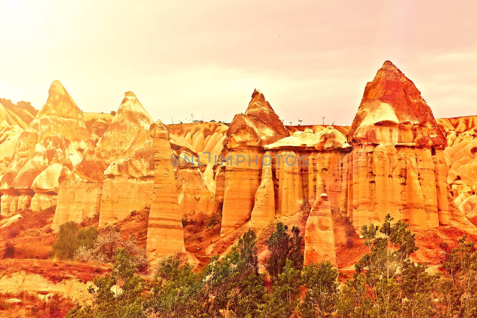Love valley needles striped, Volcanic tuff named phallic rock pillar. Rocky landscape of Cappadocia in Turkey, Aerial photography.