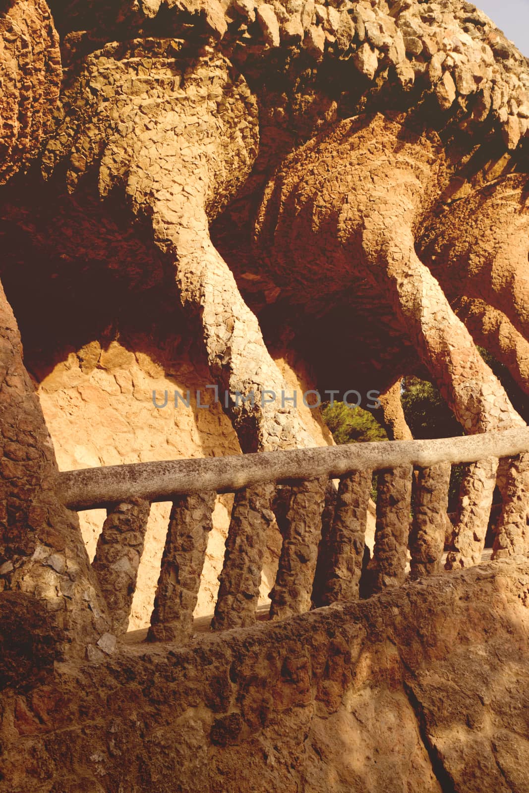 Architecture of Antonio Gaudi inside Park Guell Barcelona. Catalonia, Spain. Vintage retro style