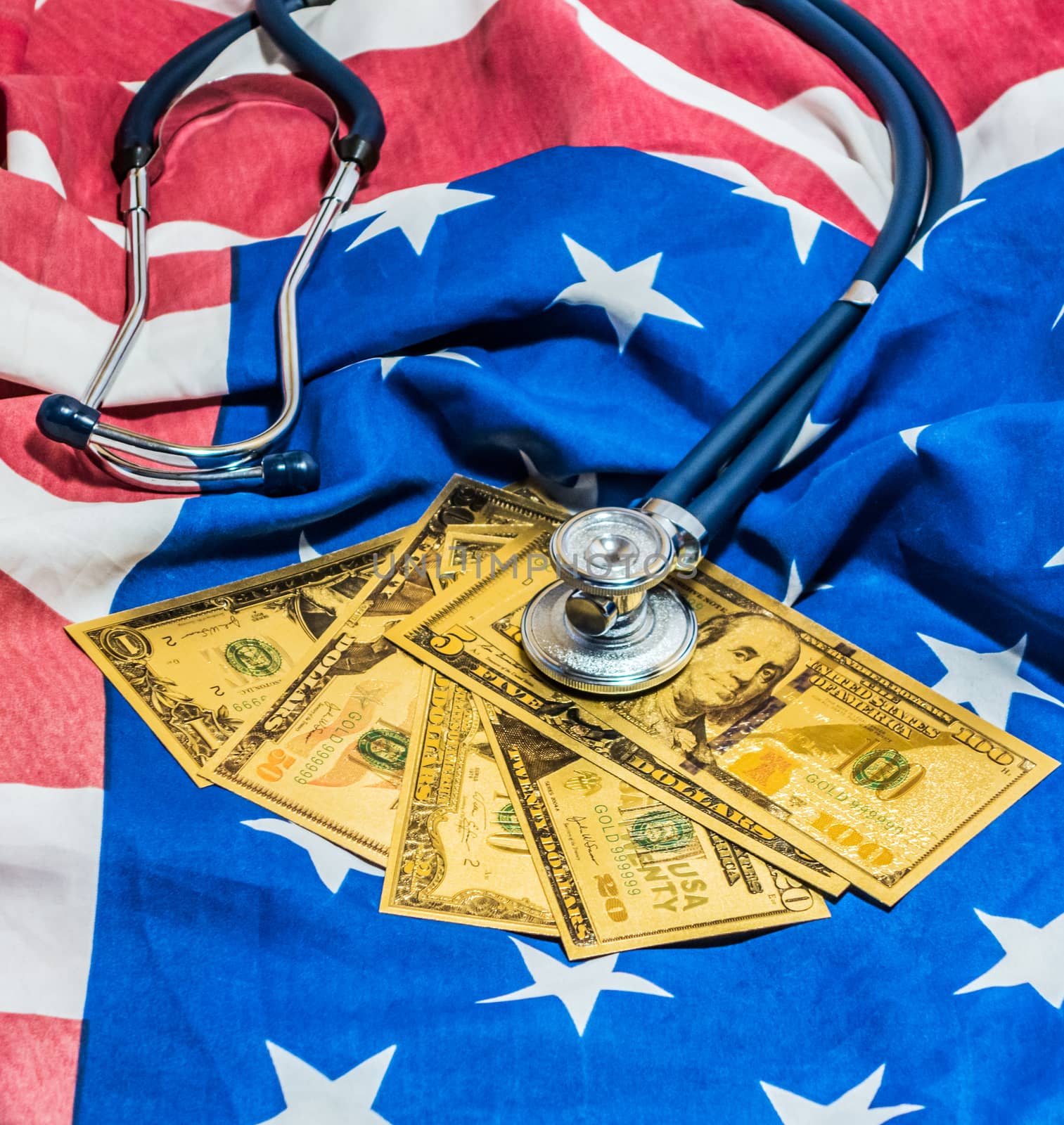 Sprague Rappaport Stethoscope US currency cash note bill design american dollars banknotes money gold fake background Finance business concept. American flag background