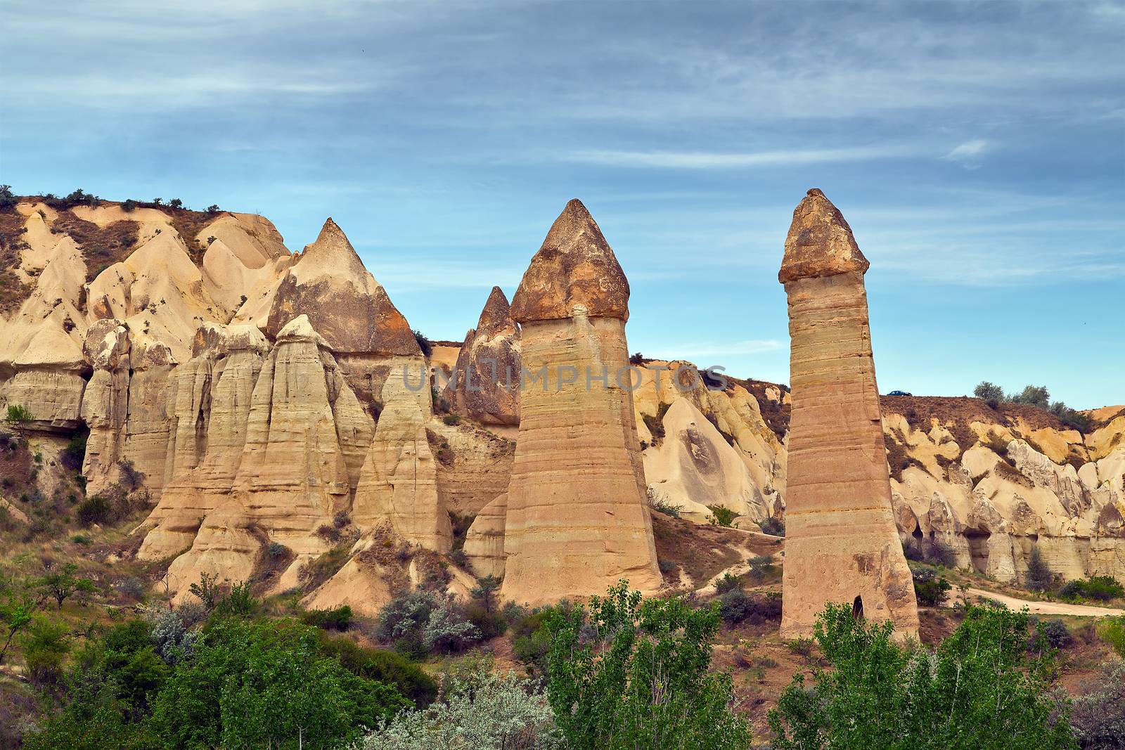 Love valley rock formations, mountain landscape in Cappadocia, Turkey