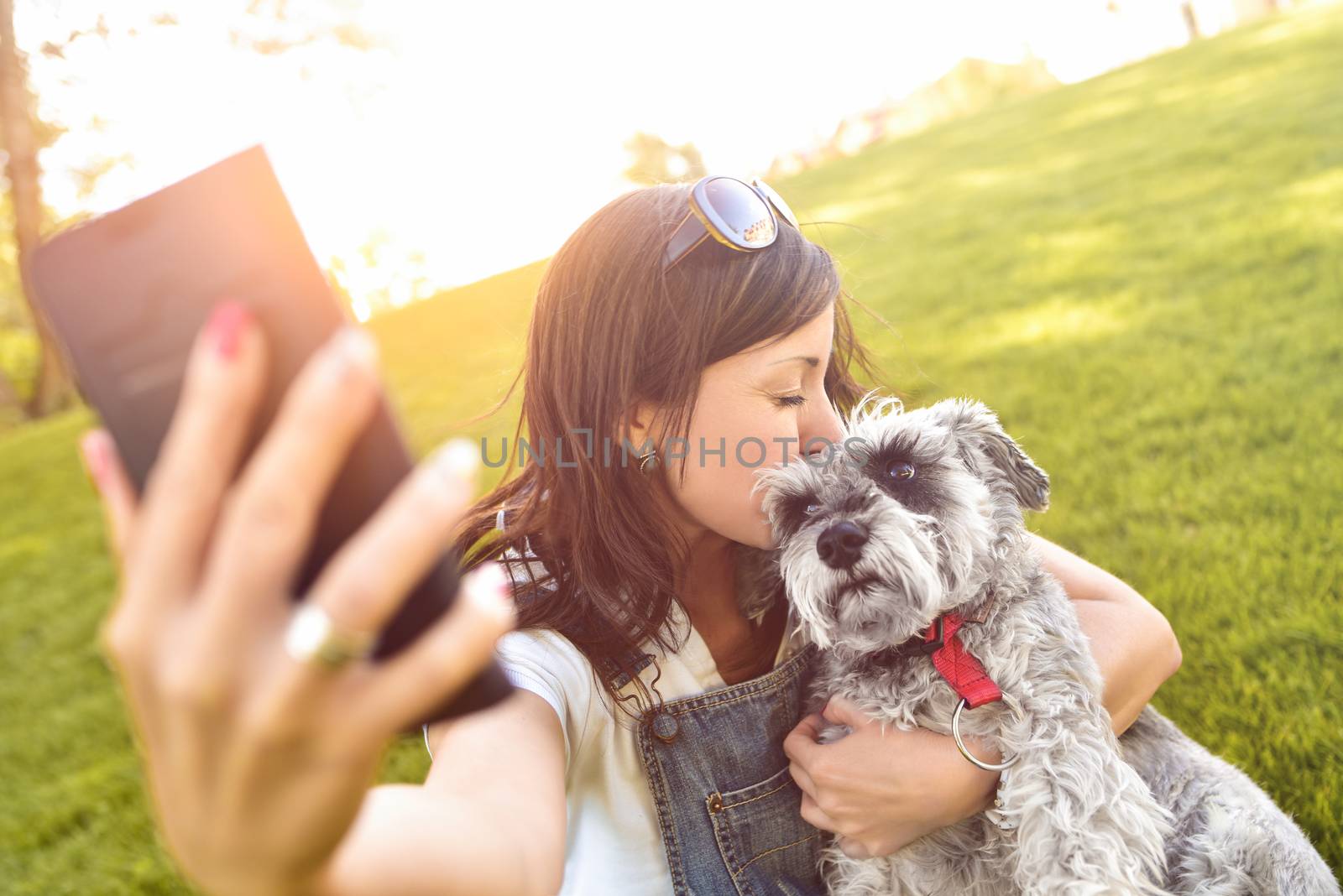 Portrait of a happy caucasian woman who hugs her beloved dog and Makes selfie with him .The concept of love for animals. best friends. Dog breed Schnauzer. sunny day by Nickstock