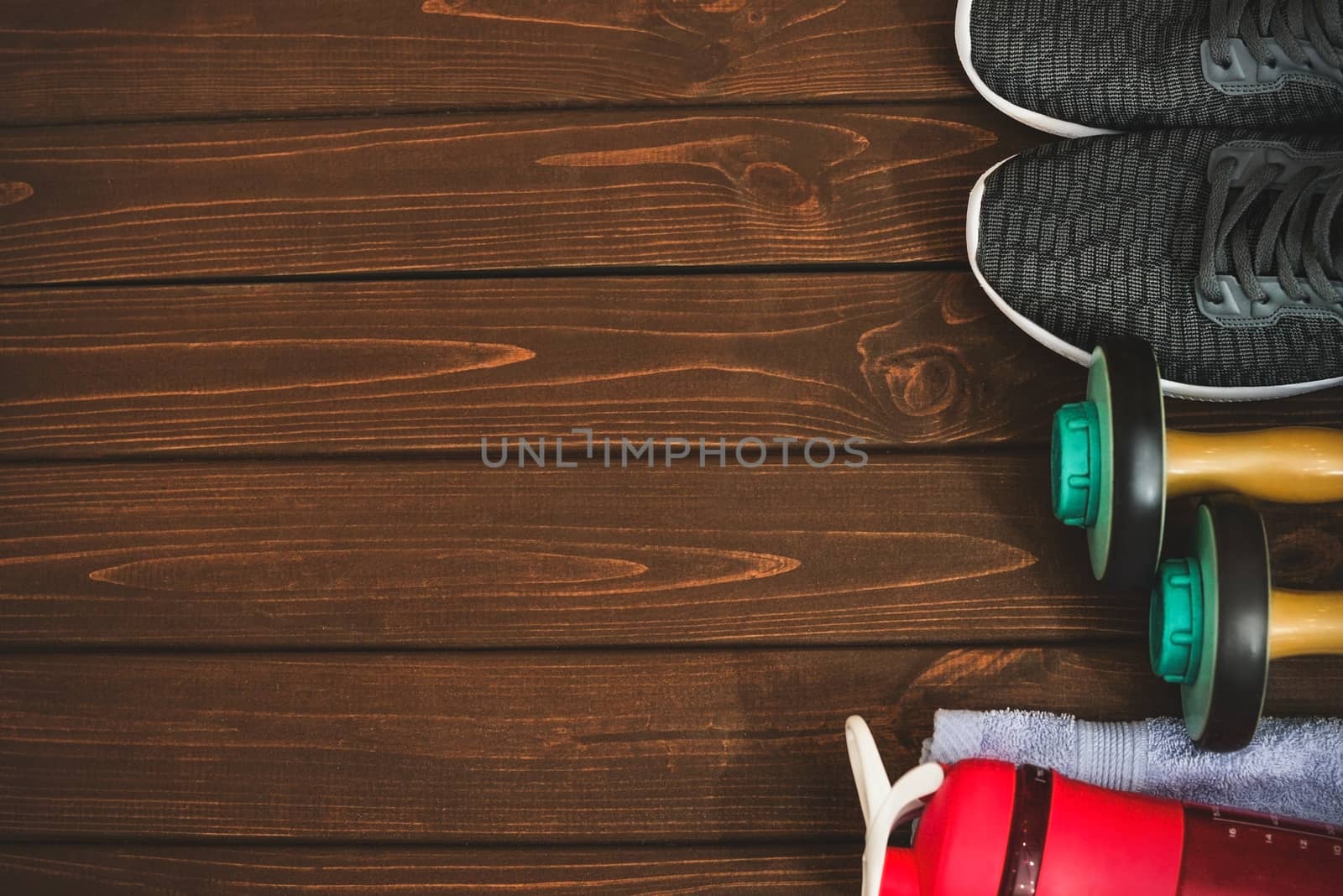 New life, sports paraphernalia on a wooden background, flat concept position.