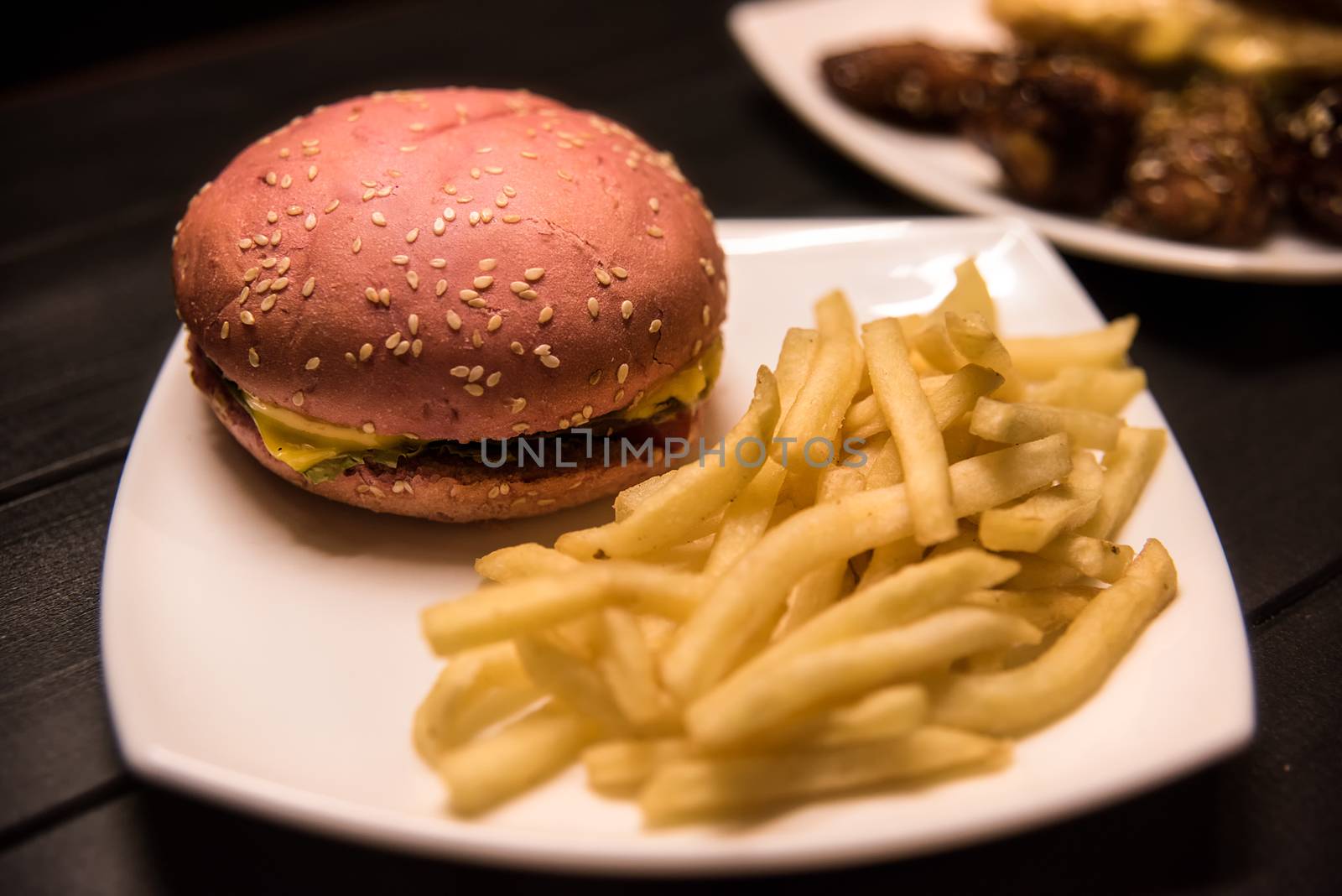 Fast food,tasty food, street food, grilled chicken,burgers French fries salad