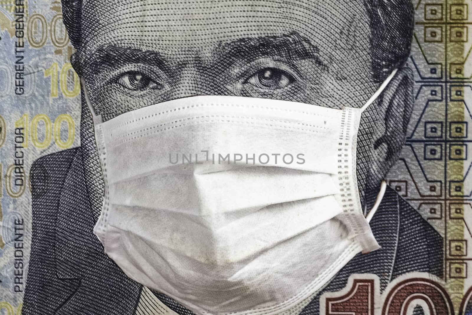 Concept: Quarantine in Peru, 100 Soles banknote with face mask. Economy and financial markets affected by corona virus outbreak and pandemic fears. Digital montage.