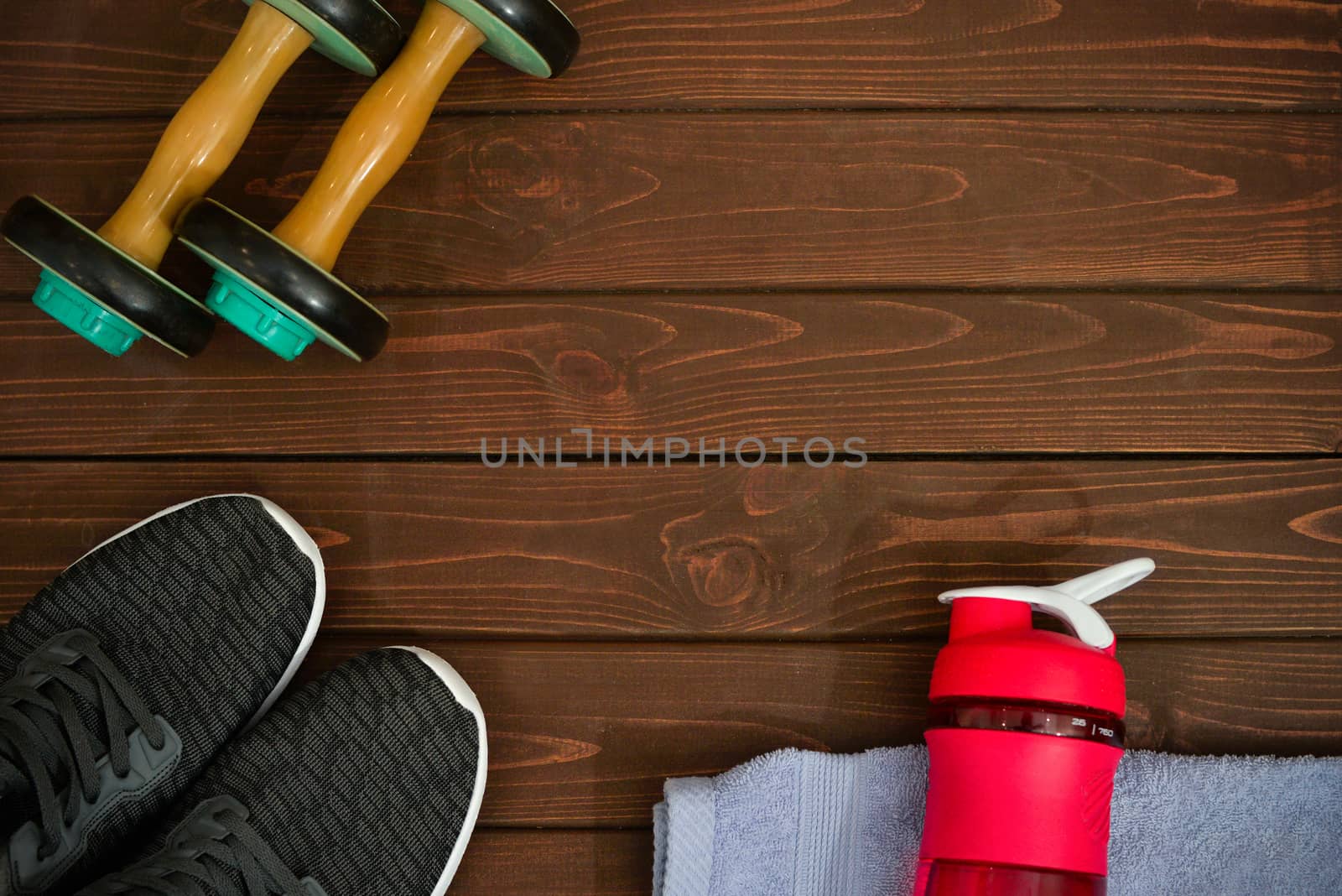 New life, sports paraphernalia on a wooden background, flat concept position.