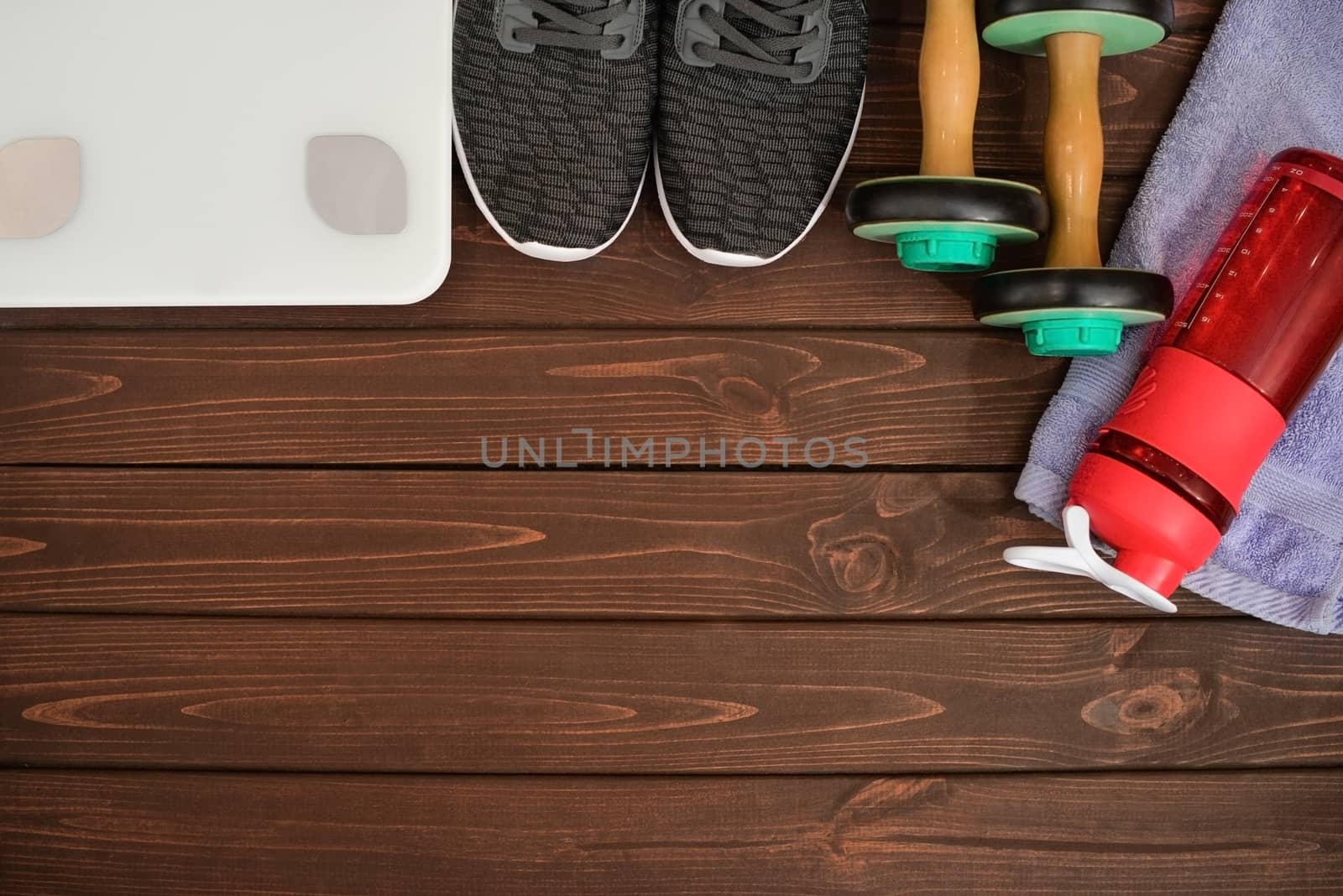 New life, sports paraphernalia on a wooden background, flat concept position.