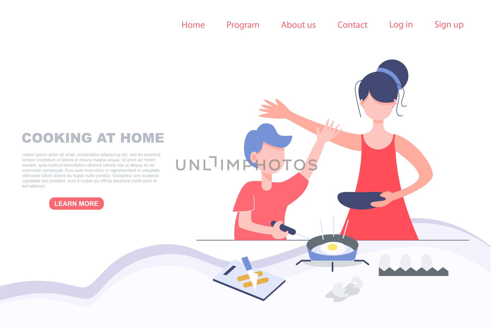 Kid cooking with mom. Stay at home concept. Landing page vector illustration