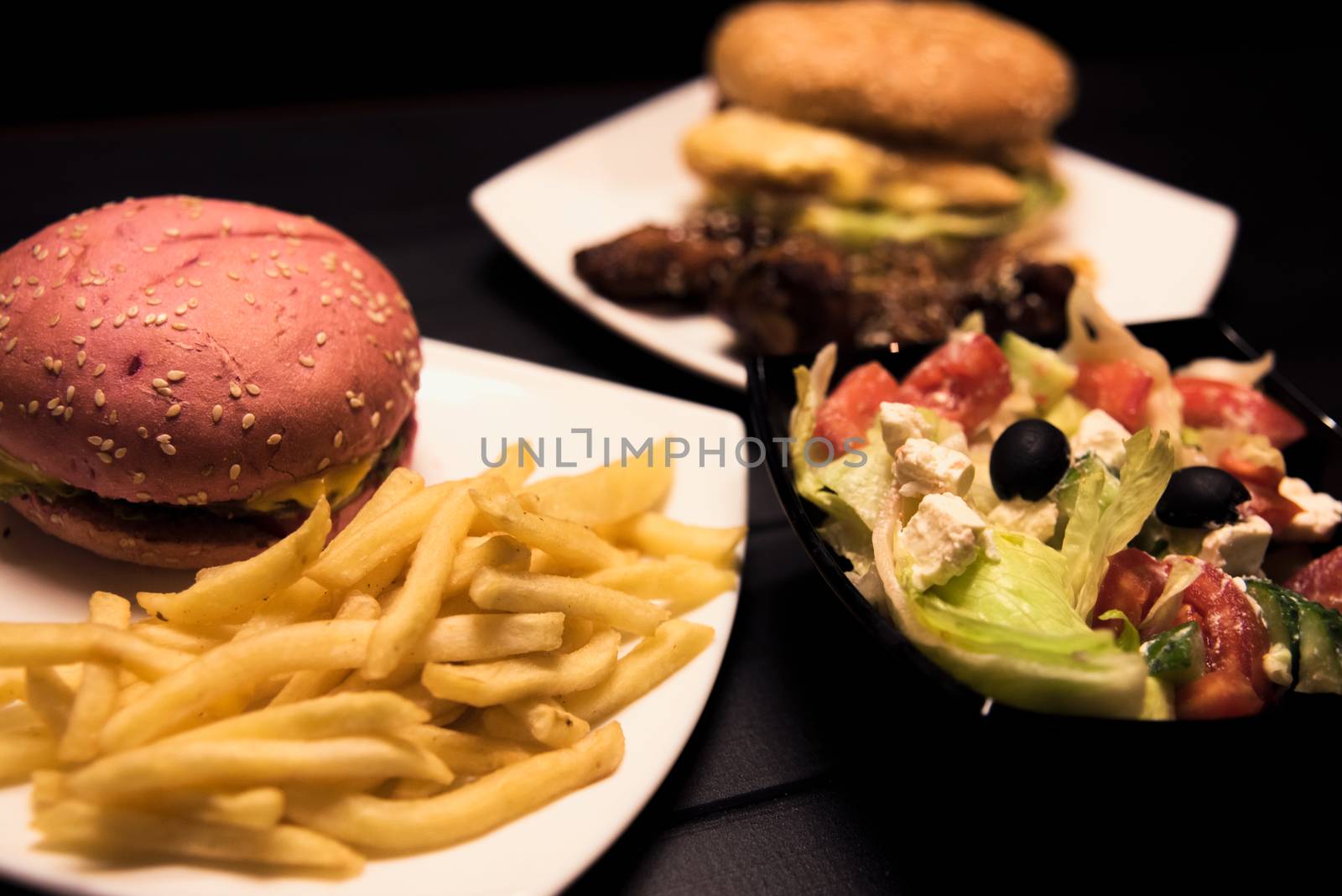 Fast food,tasty food, street food, grilled chicken, burgers French fries salad