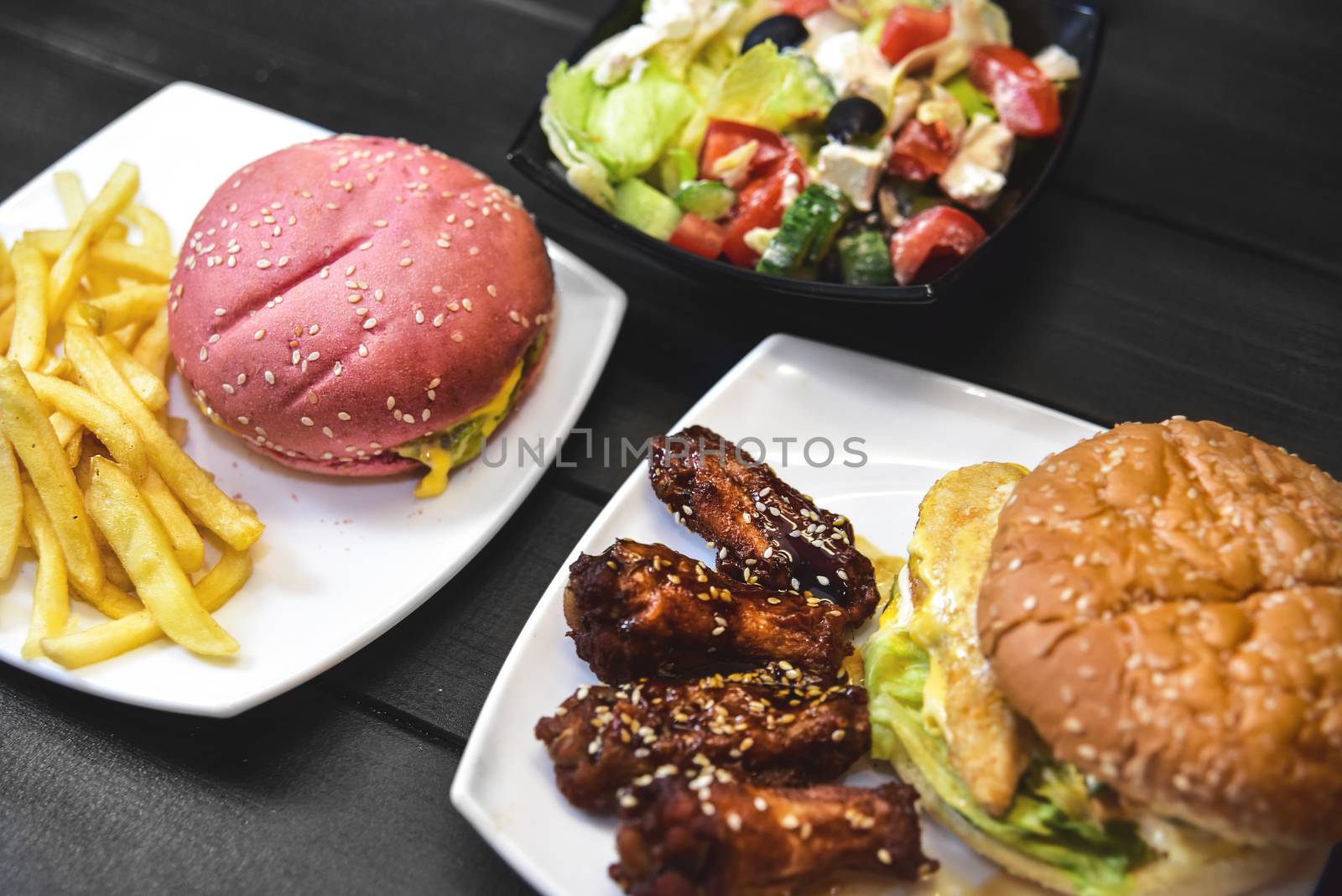 Fast food, tasty food, street food, grilled chicken, burgers French fries salad