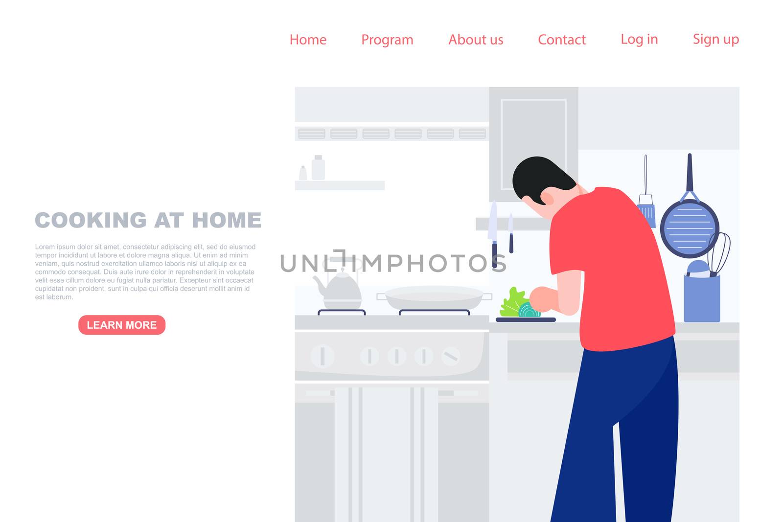 Man prepare meal in the kitchen. Cooking at home, stay at home concept. Landing page digital screen website vector illustration