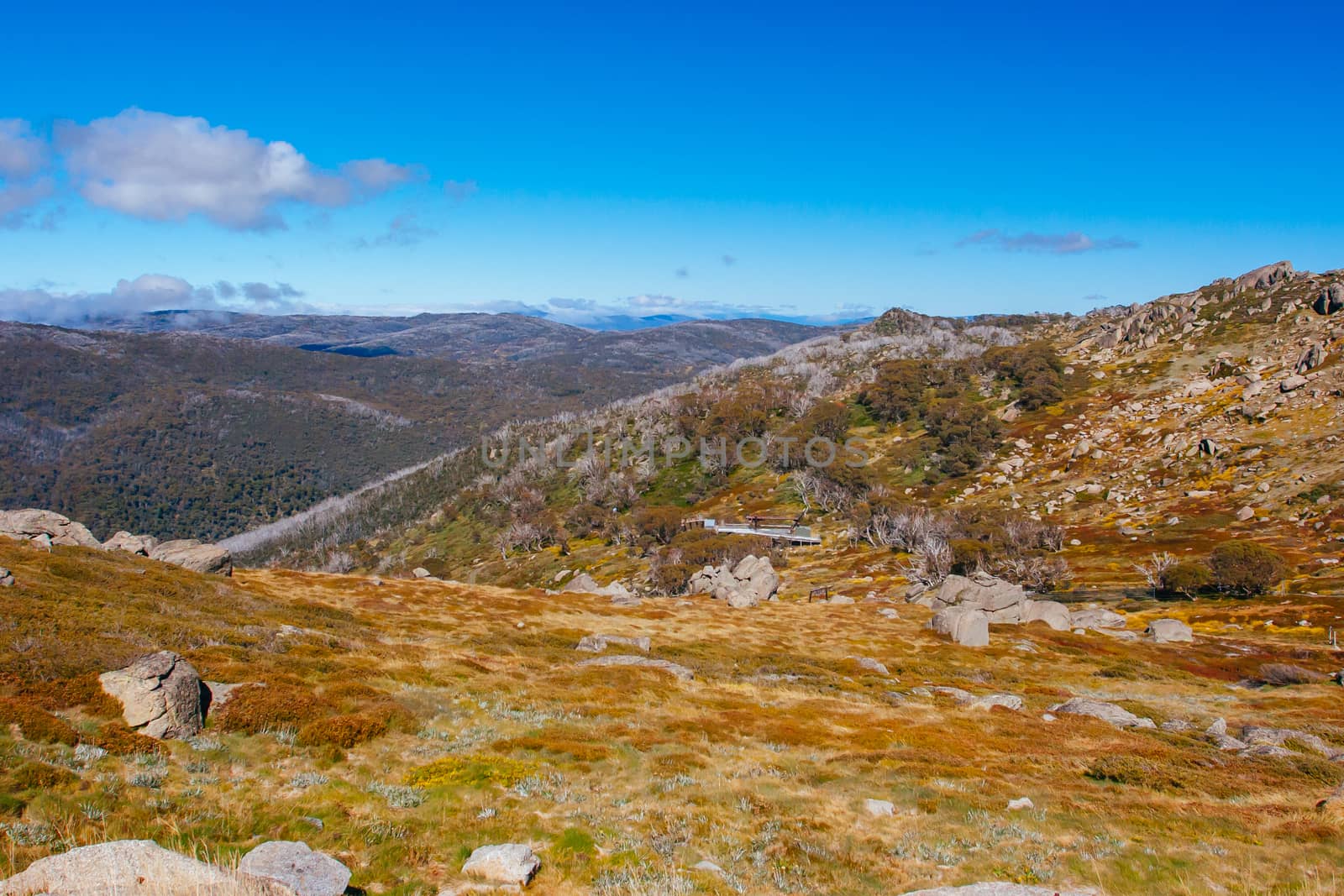 A spectacular view across the valley on the Kosciuszko walk near the summit of Thredo in Snowy Mountains, New South Wales, Australia