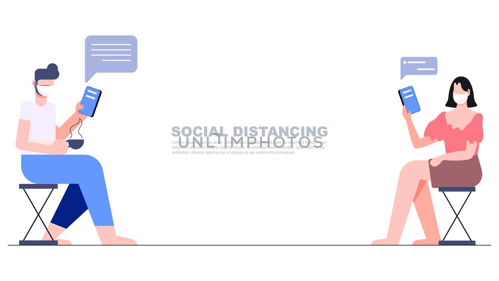 Two people sitting separate keep distance chat online with mobile phone in hand. Social distancing concept. New normal lifestyle after covid-19 pandemic flat character design vector illustration.