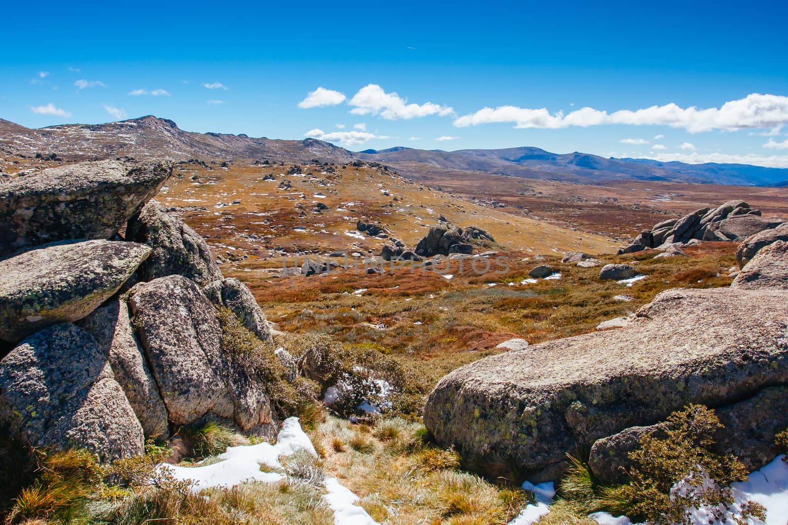 A spectacular view across the valley on the Kosciuszko walk near the summit of Thredo in Snowy Mountains, New South Wales, Australia