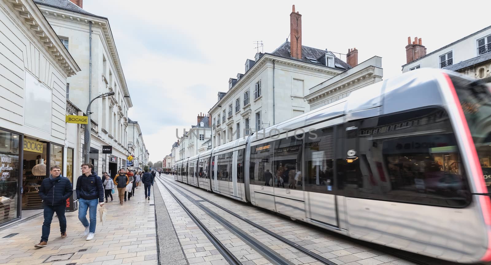 Electric tram rolling in a pedestrian street in Tours, France by AtlanticEUROSTOXX