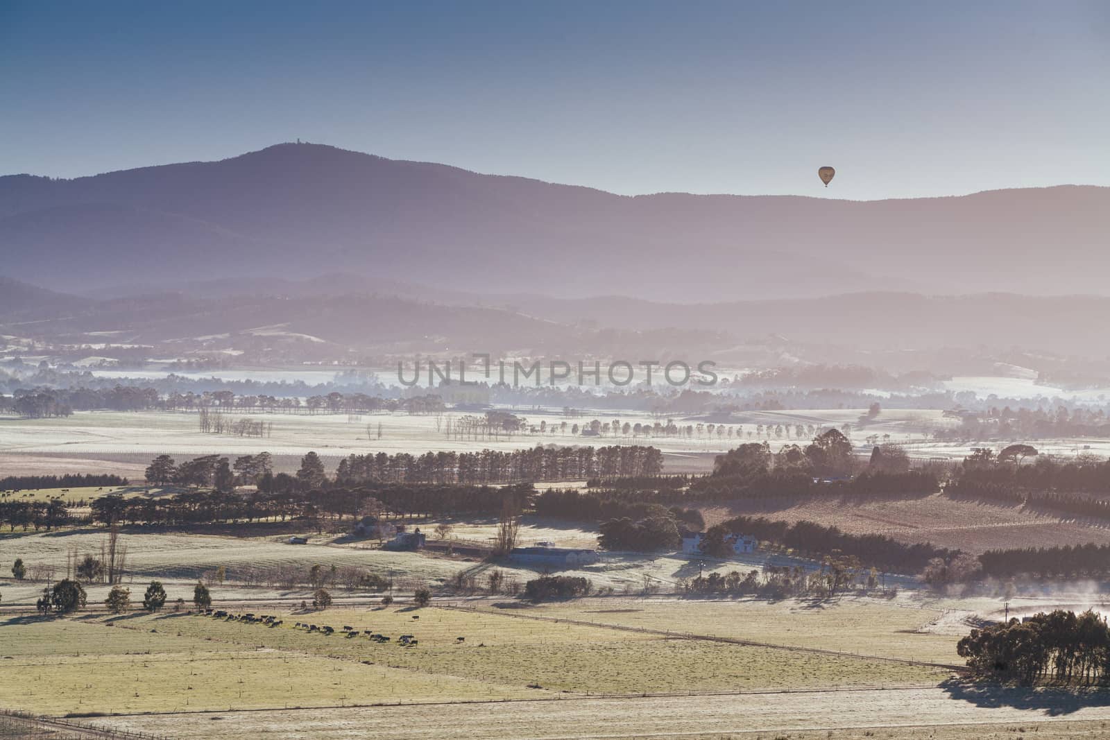 A sunrise hot air balloon flight over the Yarra Valley in Victoria, Australia