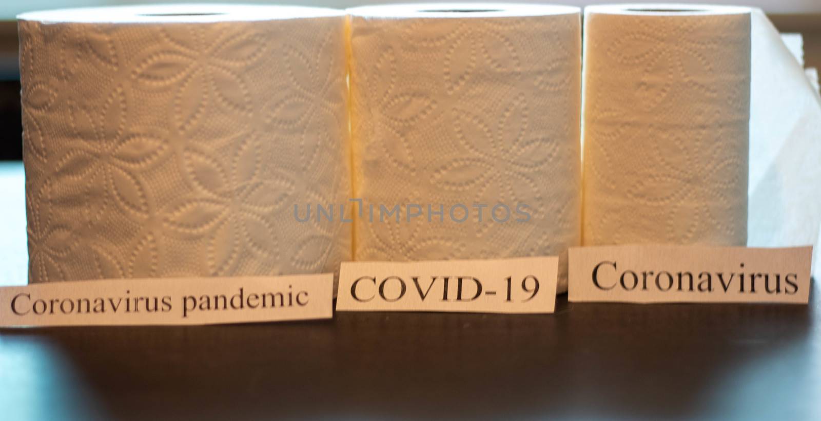 Coronavirus next to rolls of toilet paper. Theme of stocking up on supplies by mynewturtle1