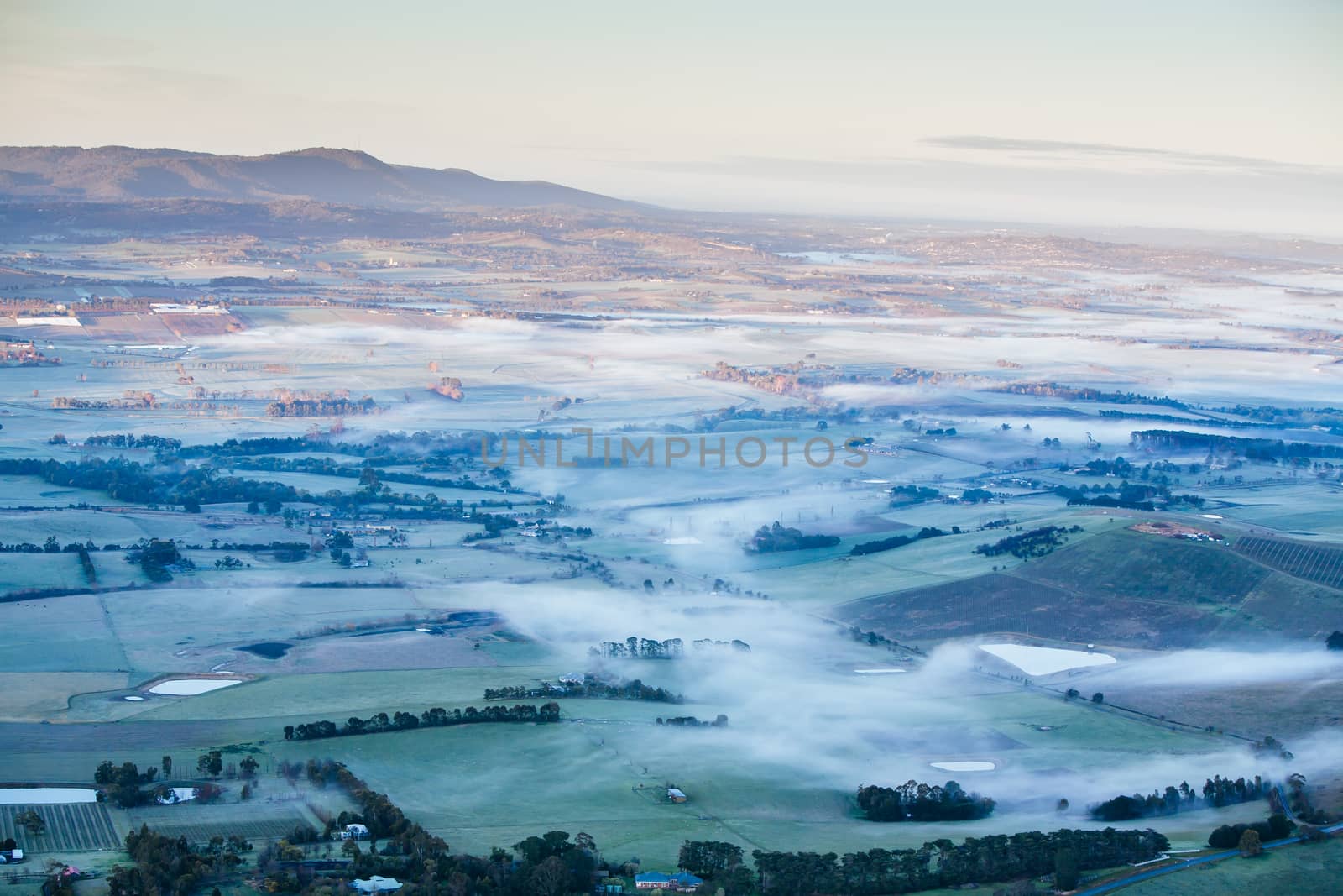 A view across a valley at sunrise in the Yarra Valley in Victoria, Australia