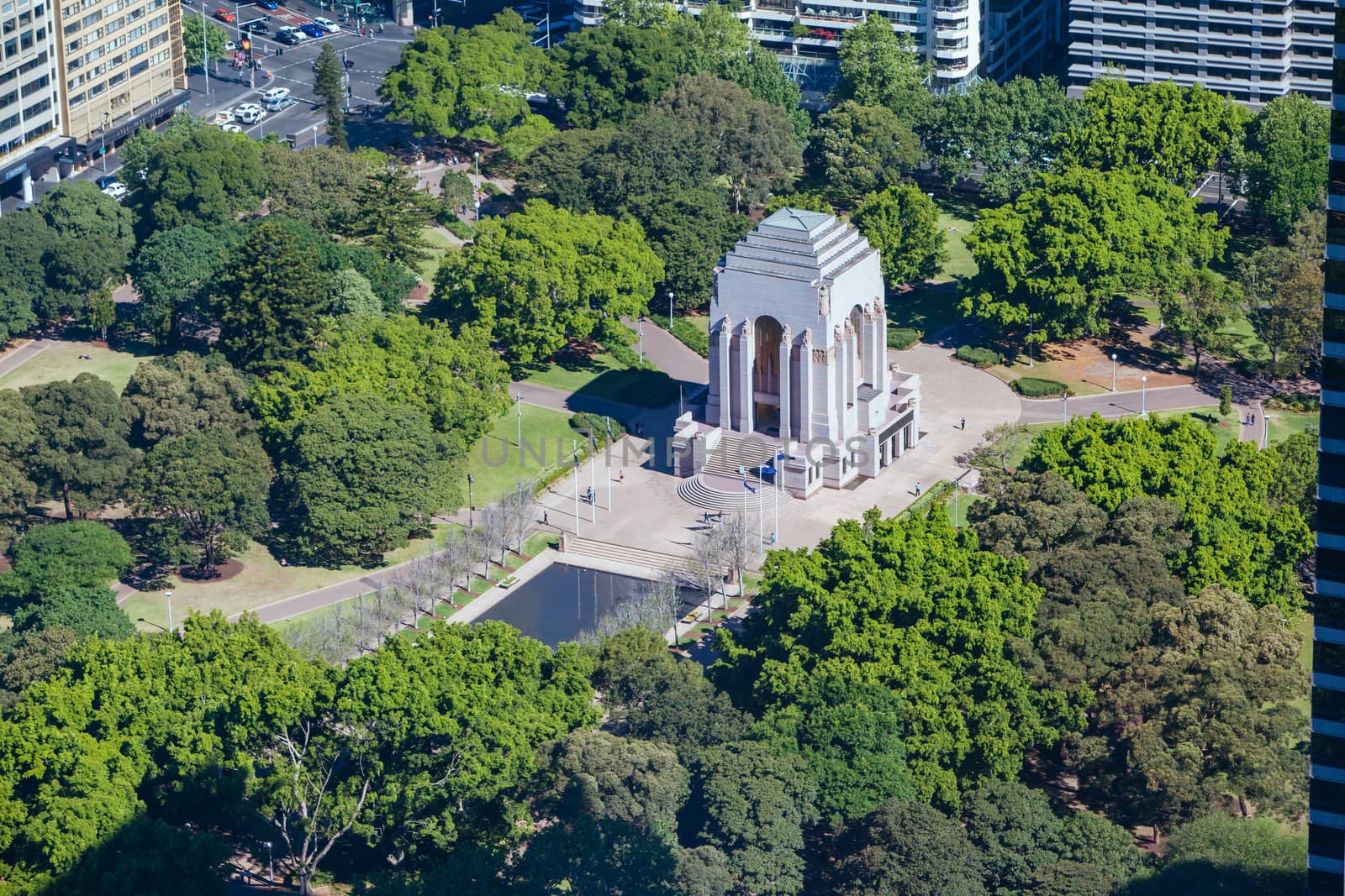 An aerial view of Anzac Memorial in Hyde Park on a clear sunny day in Sydney, NSW, Australia