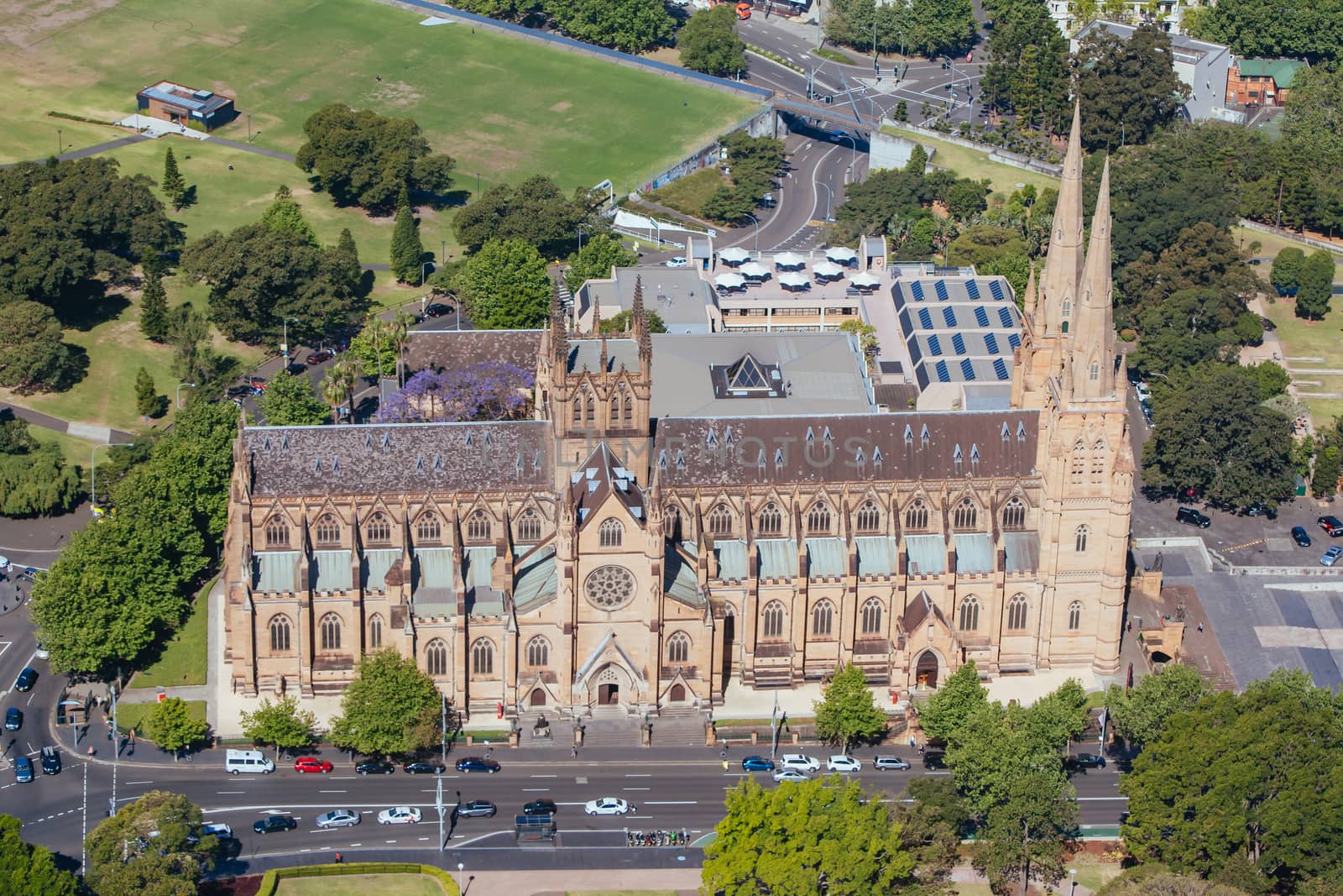 An aerial view of St Mary's Cathedral on a clear sunny day in Sydney, NSW, Australia
