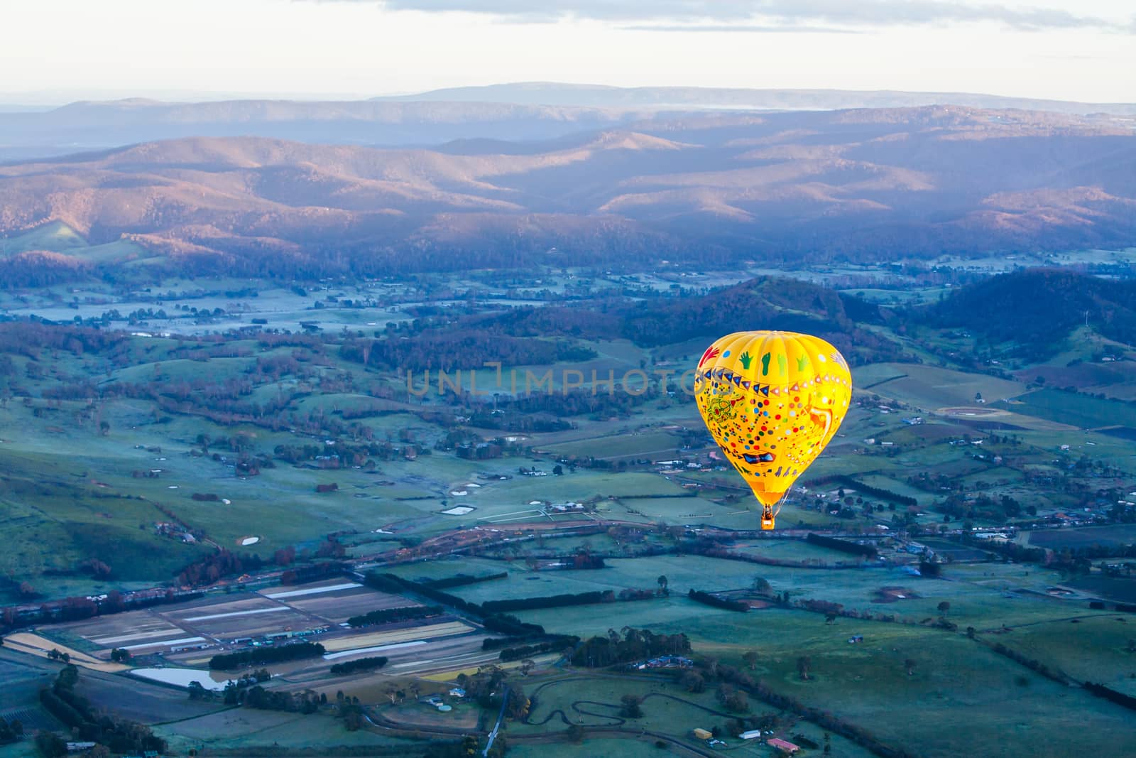 A sunrise hot air balloon flight over the Yarra Valley in Victoria, Australia