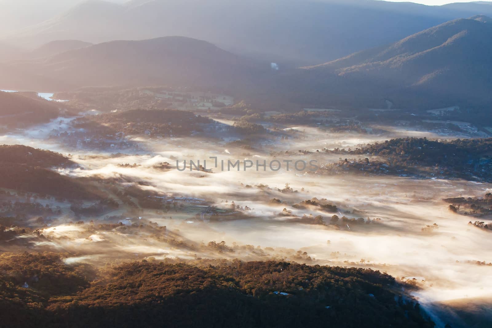 A view over Healesville at sunrise in the Yarra Valley in Victoria, Australia