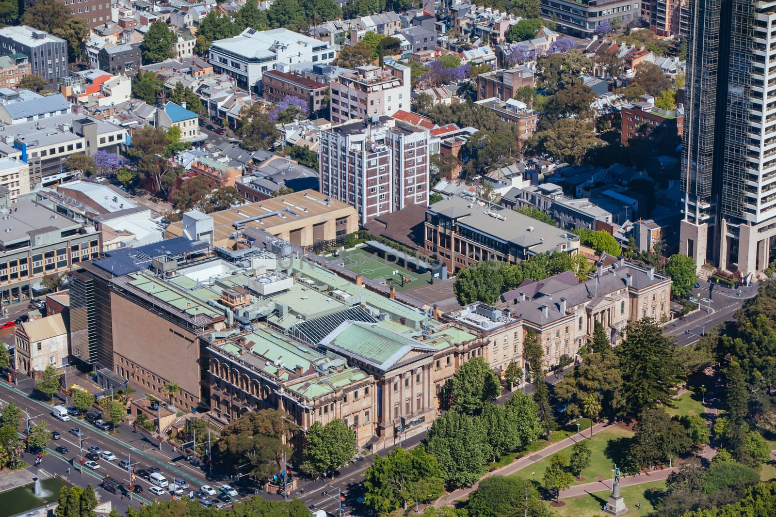 An aerial view of the Australian Museum and Sydney Grammar School on a clear sunny day in Sydney, NSW, Australia