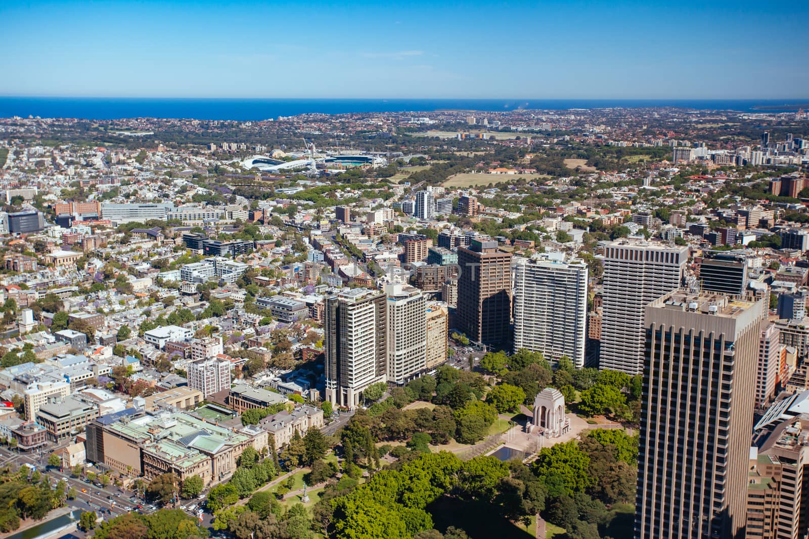 An aerial view of Hyde Park, Darlinghurst, Paddington and Allianz Stadium on a clear sunny day in Sydney, NSW, Australia