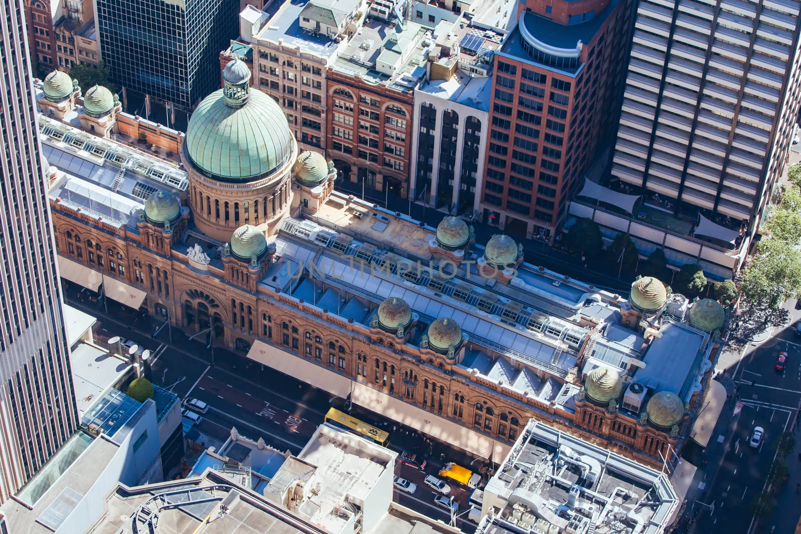 An aerial view of Sydney's buildings and architecture on a clear sunny day in NSW, Australia