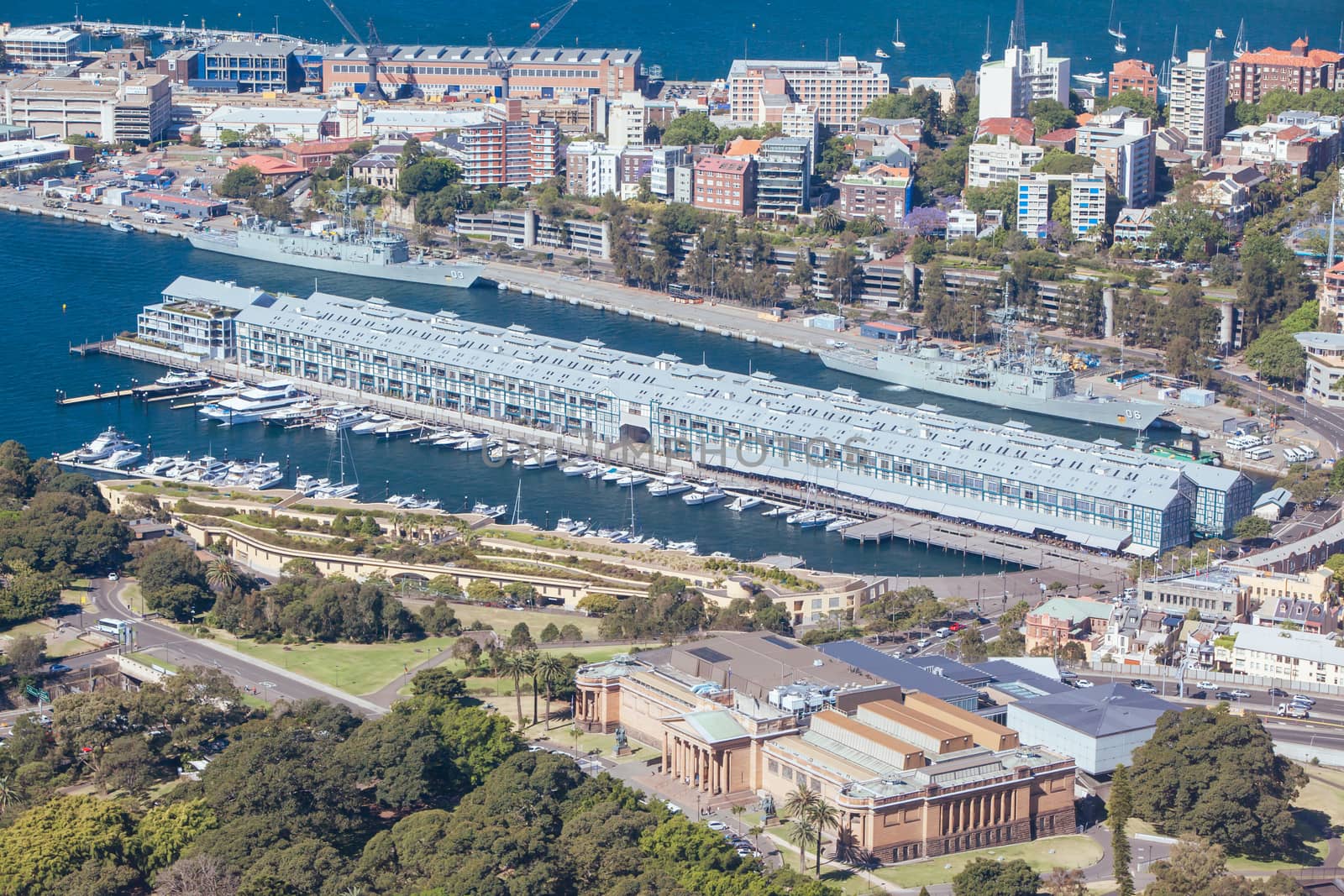 A clear sunny day in Sydney, looking east towards Woolloomooloo and Art Gallery of NSW