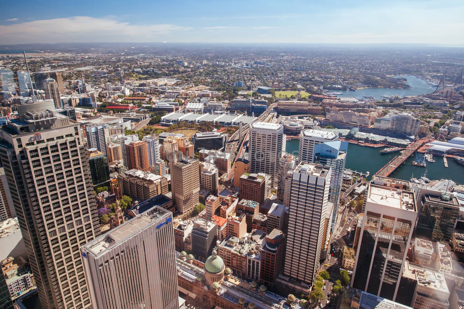 An aerial view of Darling Harbour on a clear sunny day in Sydney, NSW, Australia