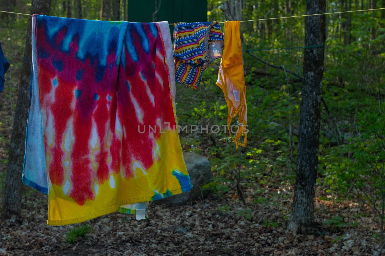 clothes are dried at the campground in nature.