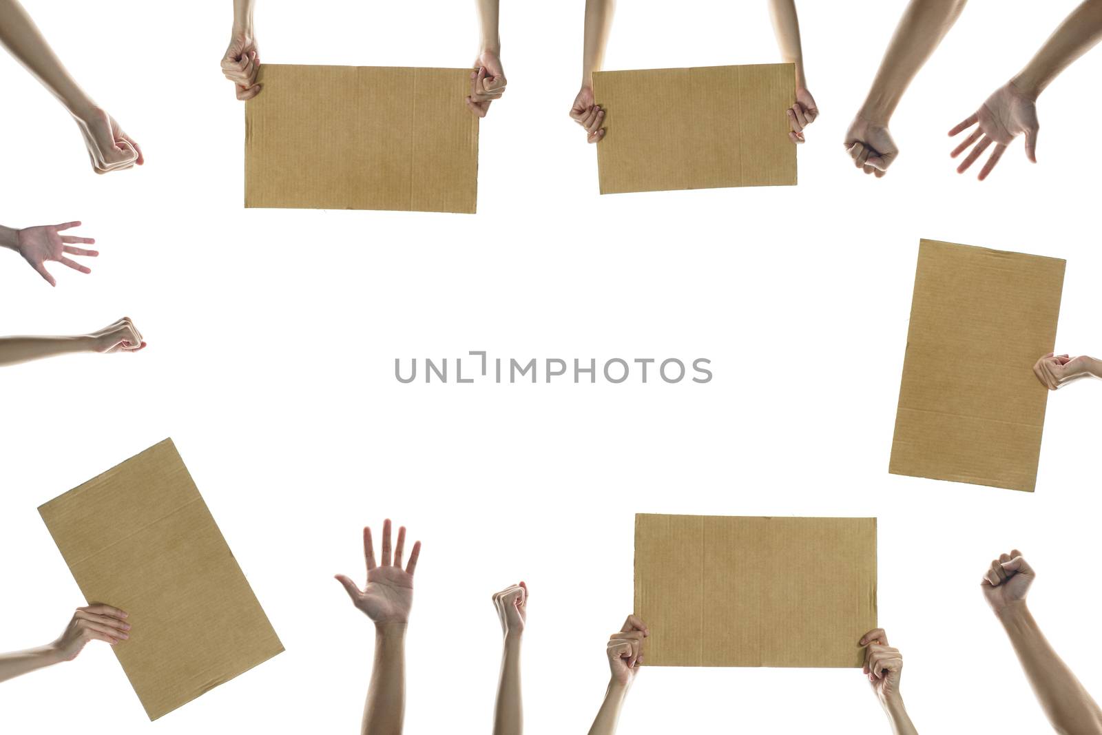hand holding a blank placard to put the text at protesting with hands raised in the air. isolated on white background.