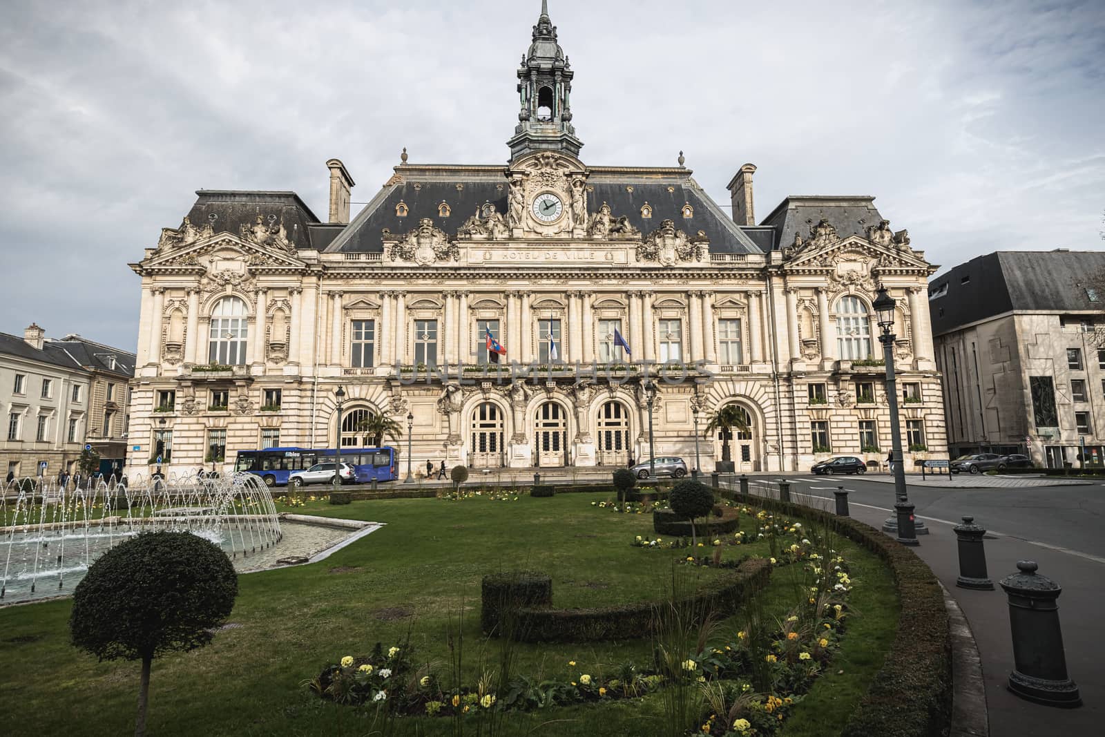 Tours, France - February 8, 2020: architectural detail and street atmosphere in front of the town hall in the historic city center on a winter day