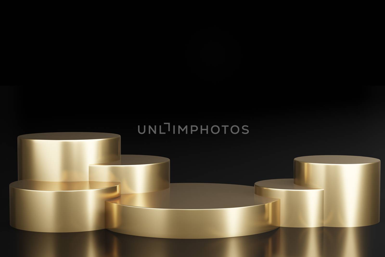 Mock up different size of Gold product showcase podiums on dark by sirawit99