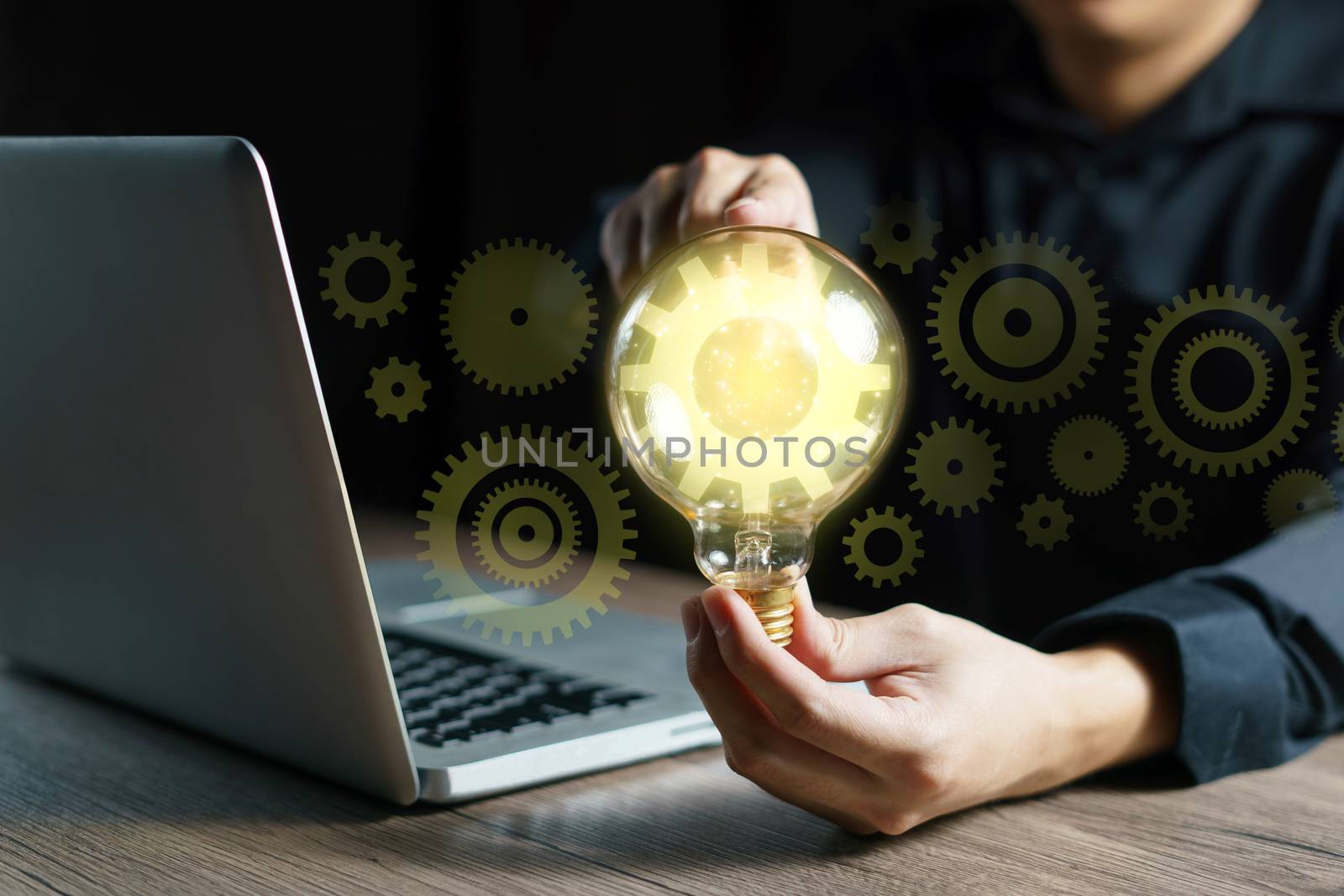 Hand holding light bulb and Innovation gears connection icon ins by sirawit99