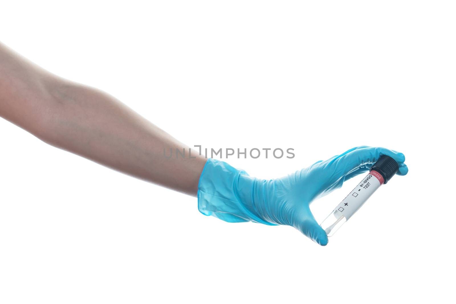 Woman hand wearing a blue rubber medical glove and hold COVID-1 by sirawit99