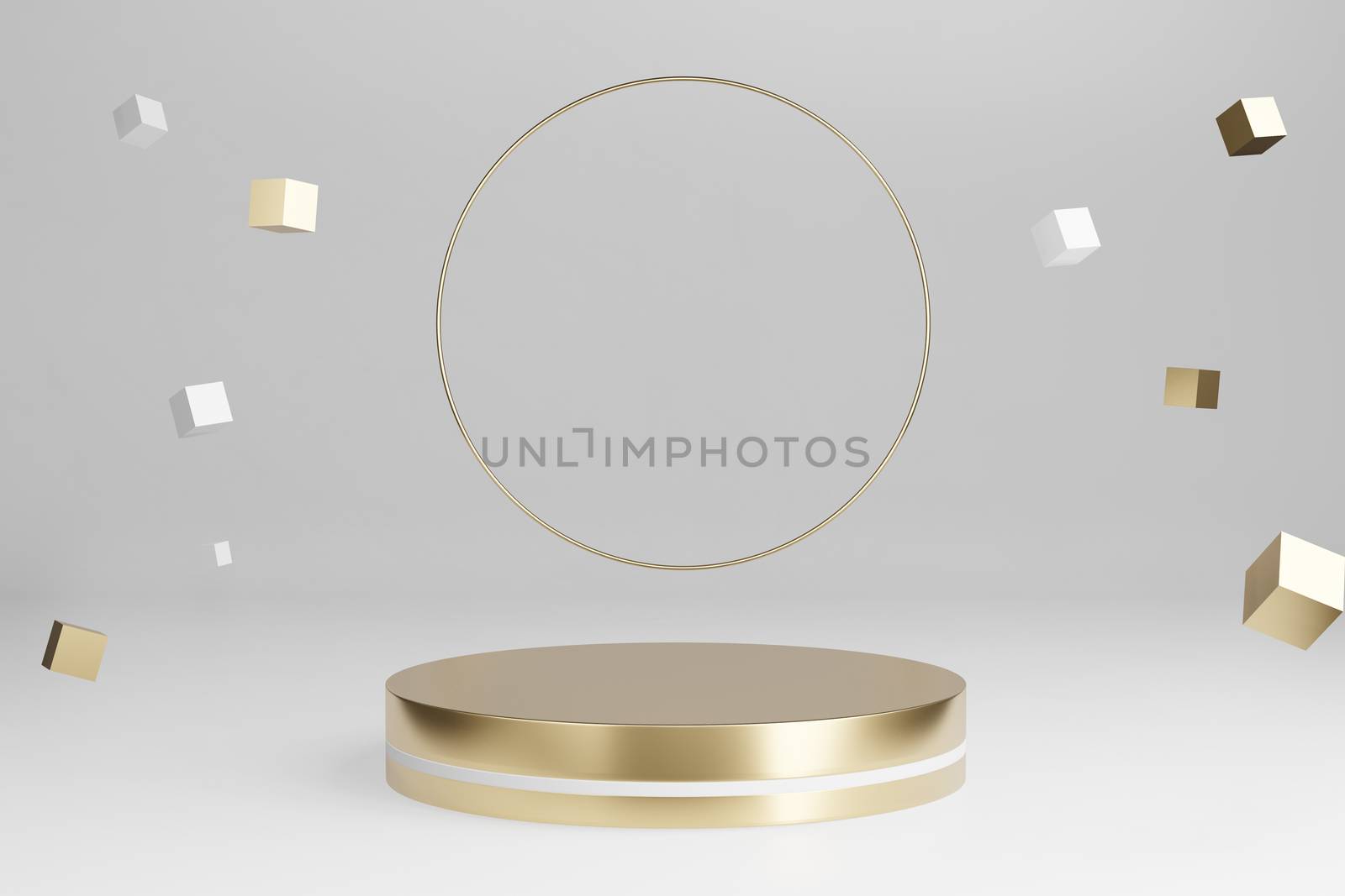 3d render : mockup golden platform with round shining rings and falling gold decoration box with empty space for product show.