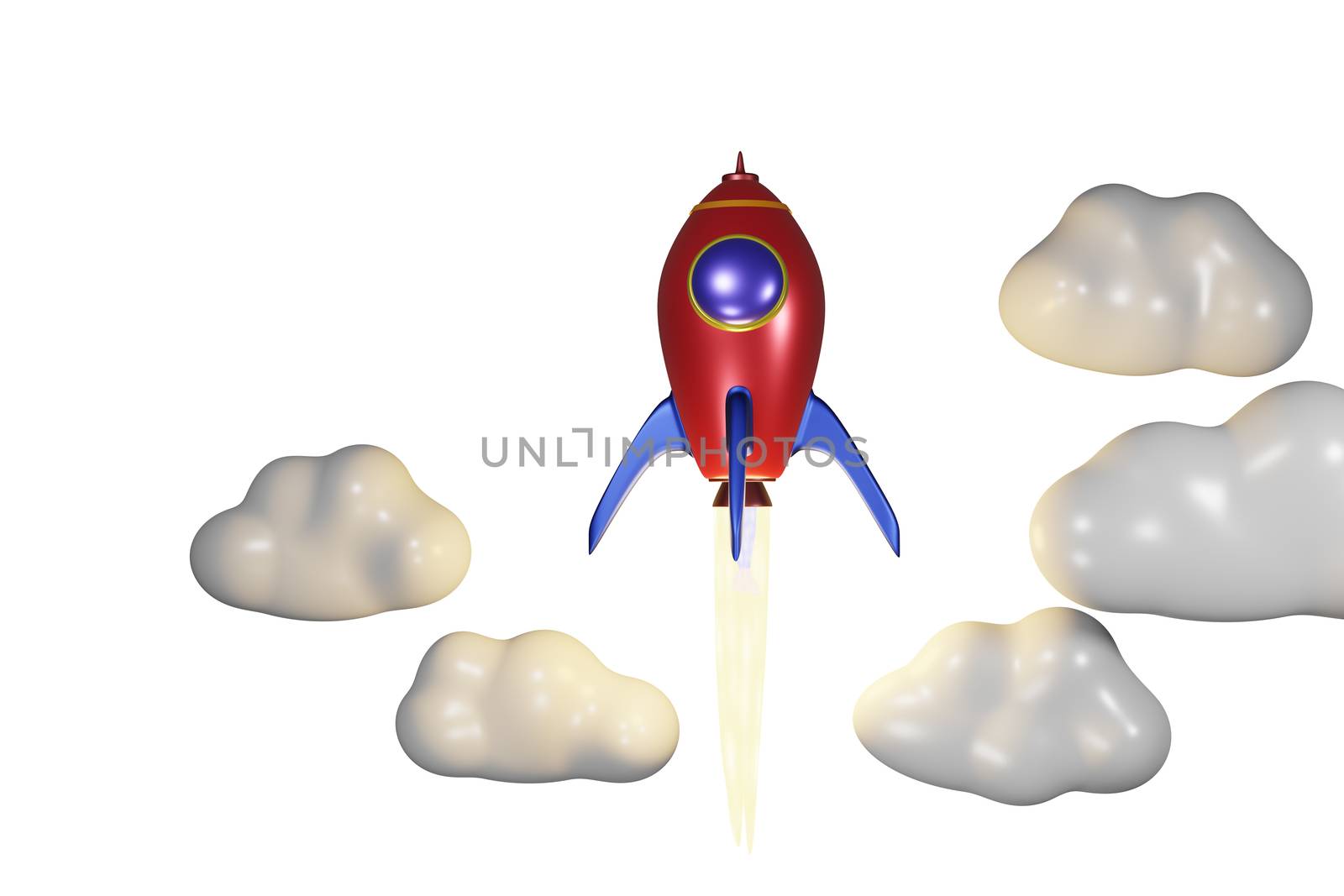 Ballistic launch red rocket with cloud on white isolated background, 3D rendering.