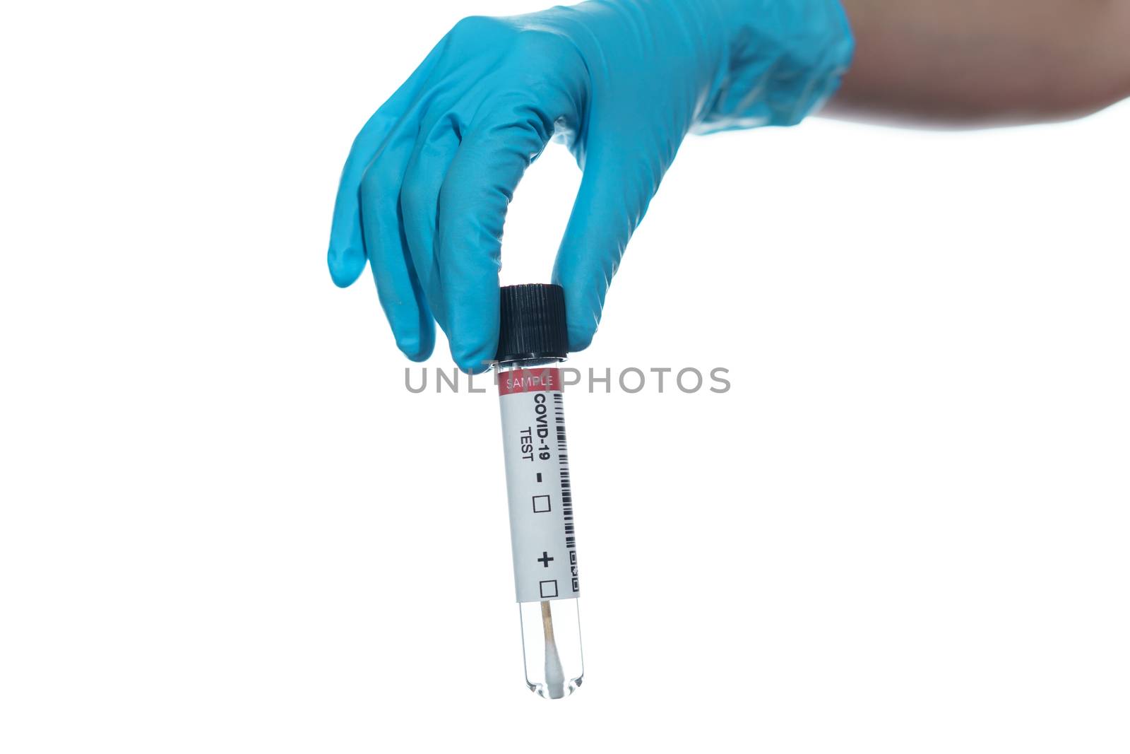 Woman hand wearing a blue rubber medical glove and hold COVID-19 swab collection kit on white isolated background.