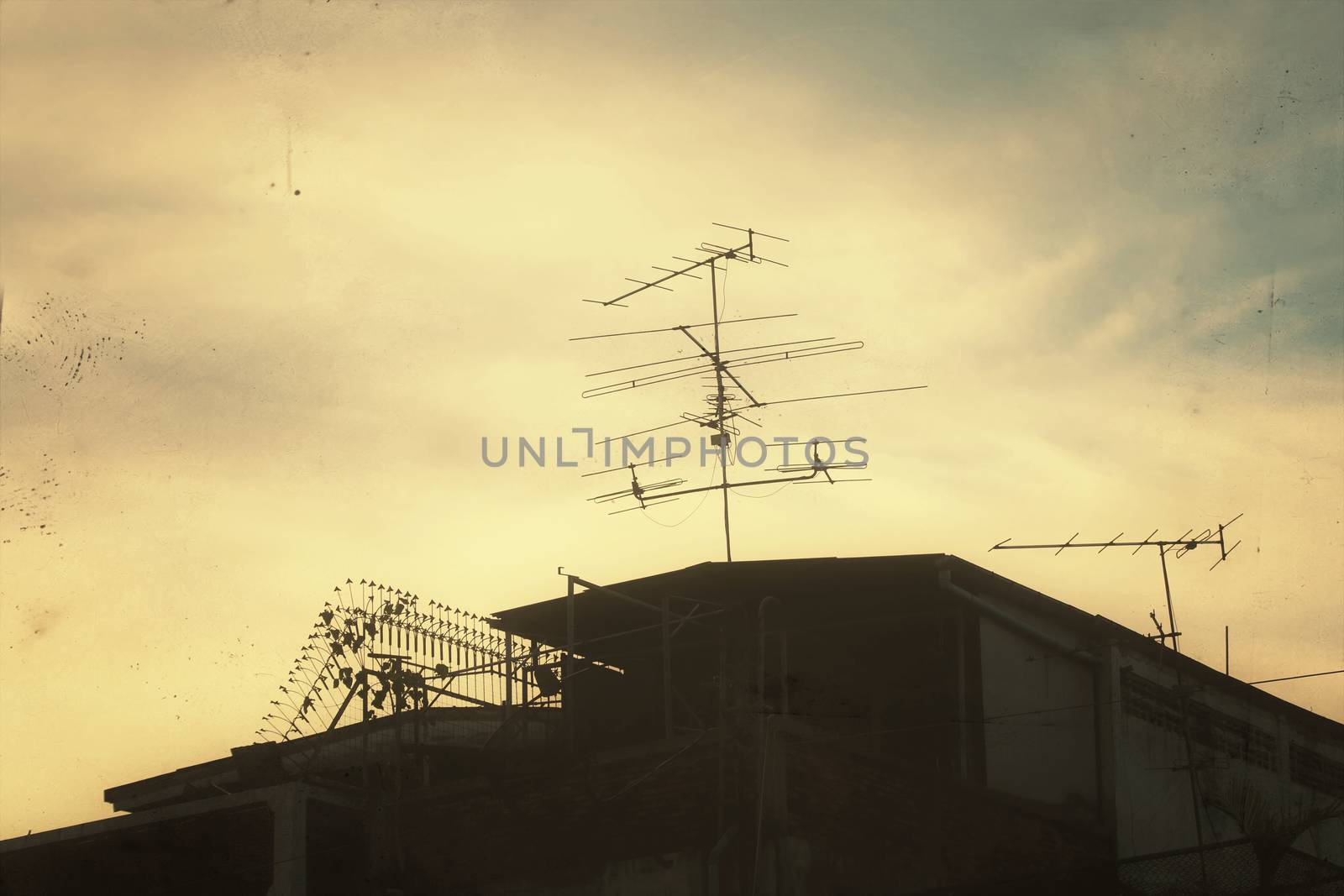Asia Country house or home Countryside silhouette dark on sky background yellow gold dark old urban picture vintage art retro style