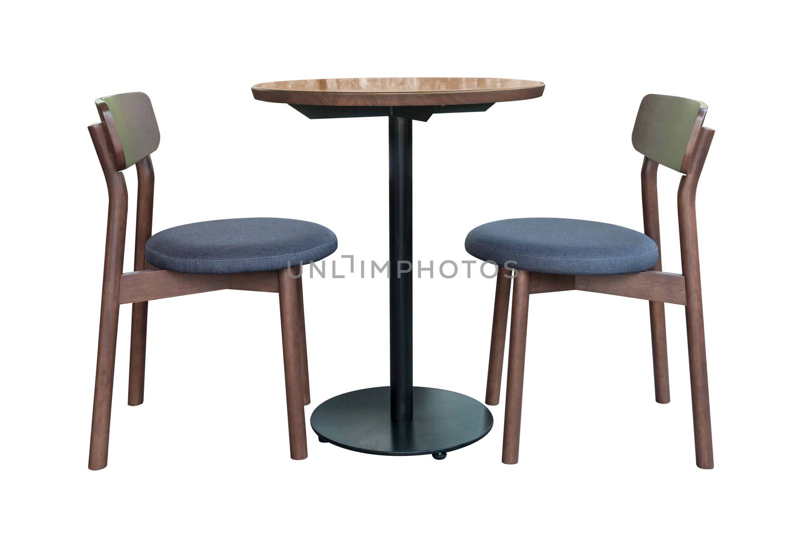 Modern table with steel leg and chair with  fabric cushion isolated on white background, work with clipping path.