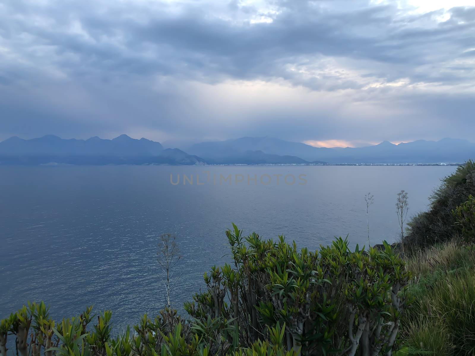 Landscape of Mediterranean sea mountains and blue sky by AlonaGryadovaya