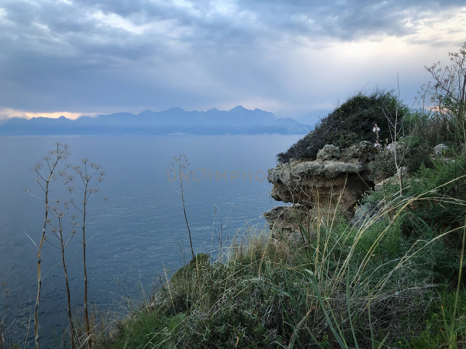 Landscape of Mediterranean sea mountains and blue sky by AlonaGryadovaya