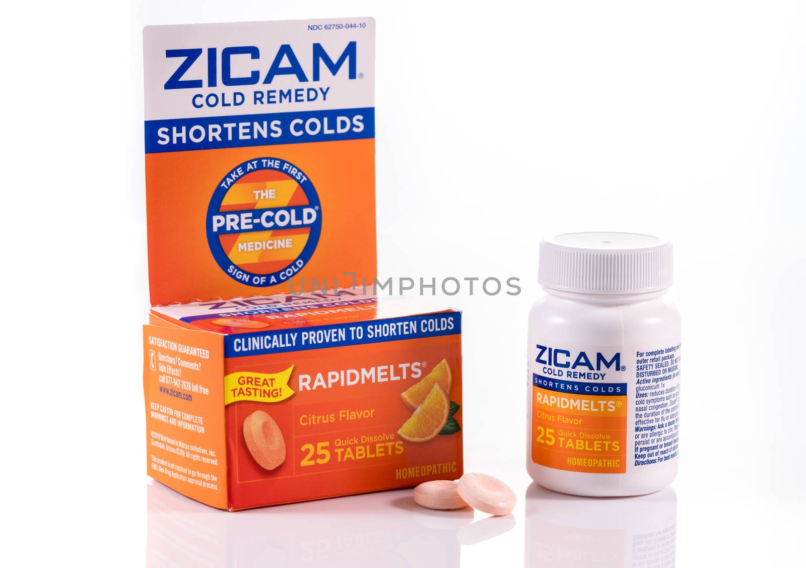 Morgantown, WV - 11 April 2020: Zicam cold remedy homeopathic supplement and bottle on white background