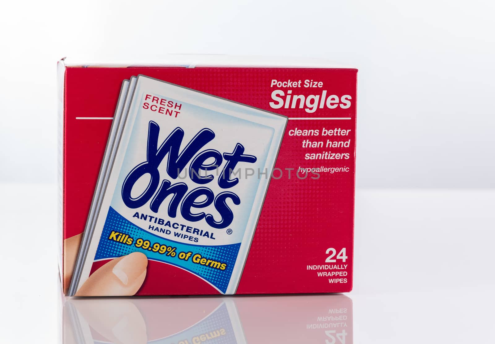 Morgantown, WV - 12 April 2020: Box of Wet Ones antibacterial or disinfecting wipes on white background