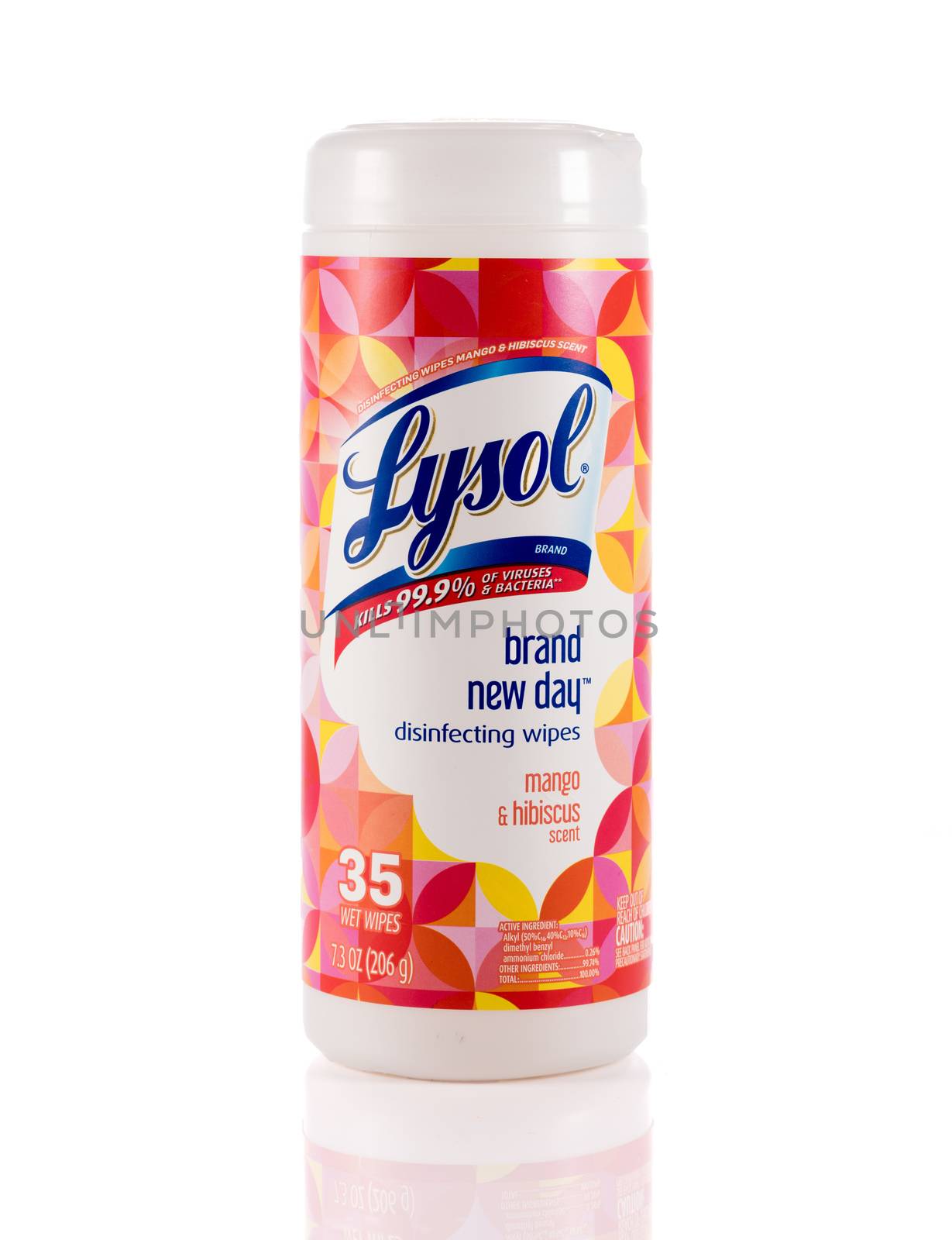 Lysol disinfecting wipes canister isolated against white background by steheap