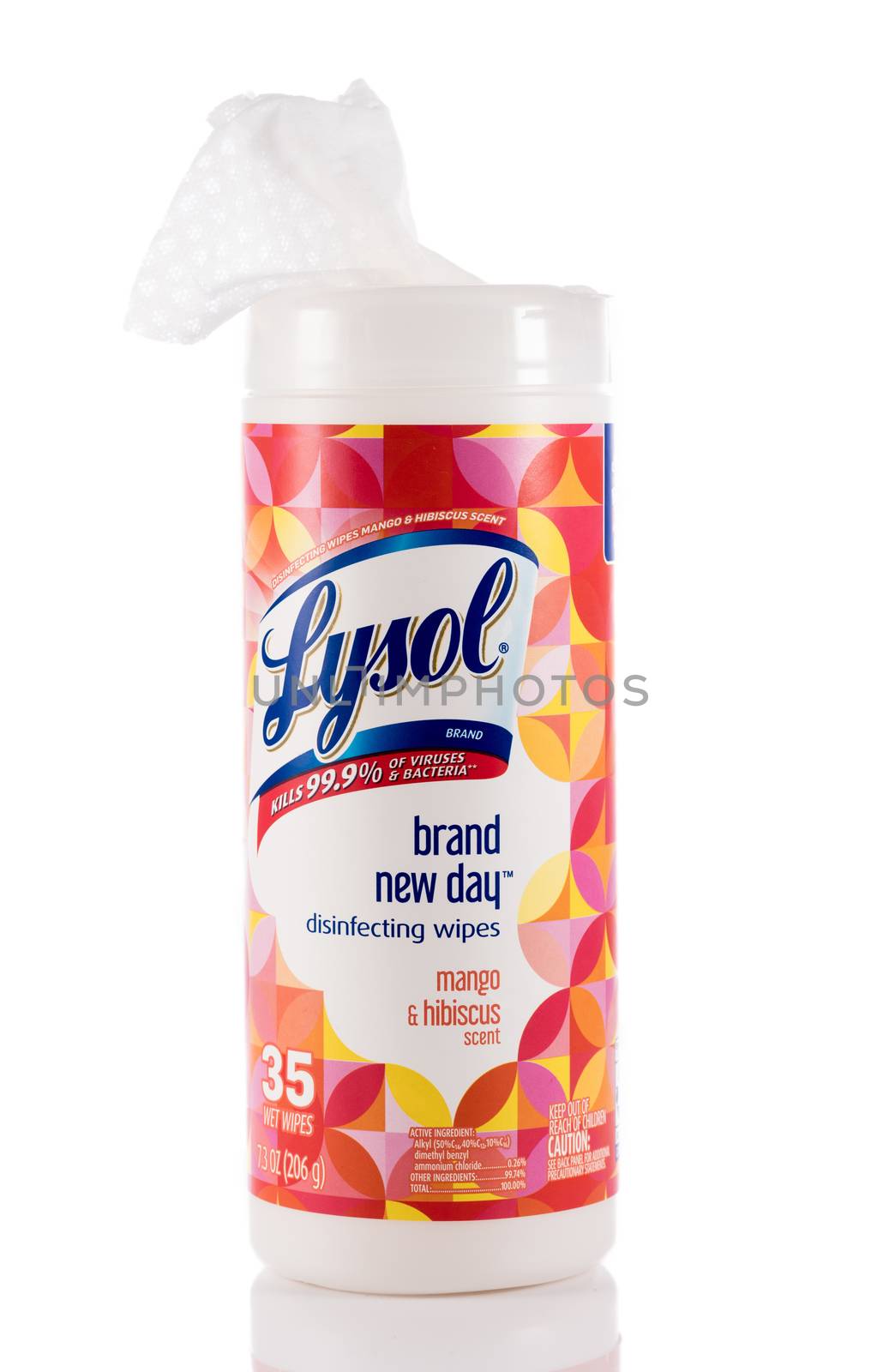 Lysol disinfecting wipes canister isolated against white background by steheap