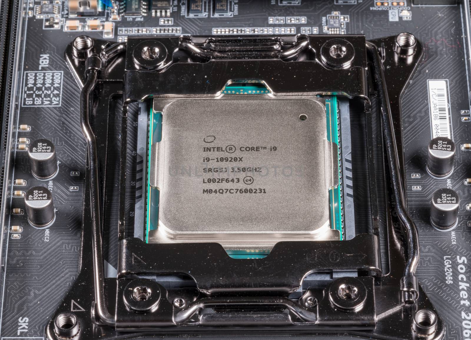 Morgantown, WV - 30 March 2020: Intel Core i9-10920x CPU chip installed in socket 2066 on motherboard