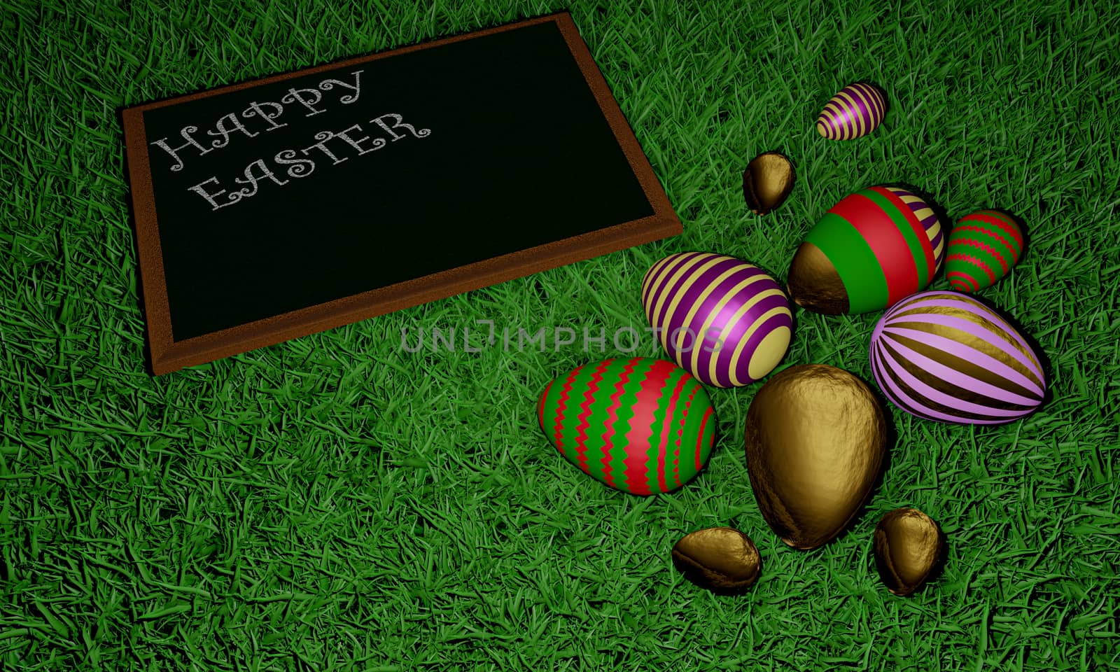 Overhead view of colorful Easter eggs  background of grass. Flat lay style. 3D rendering use for background and wallpaper.